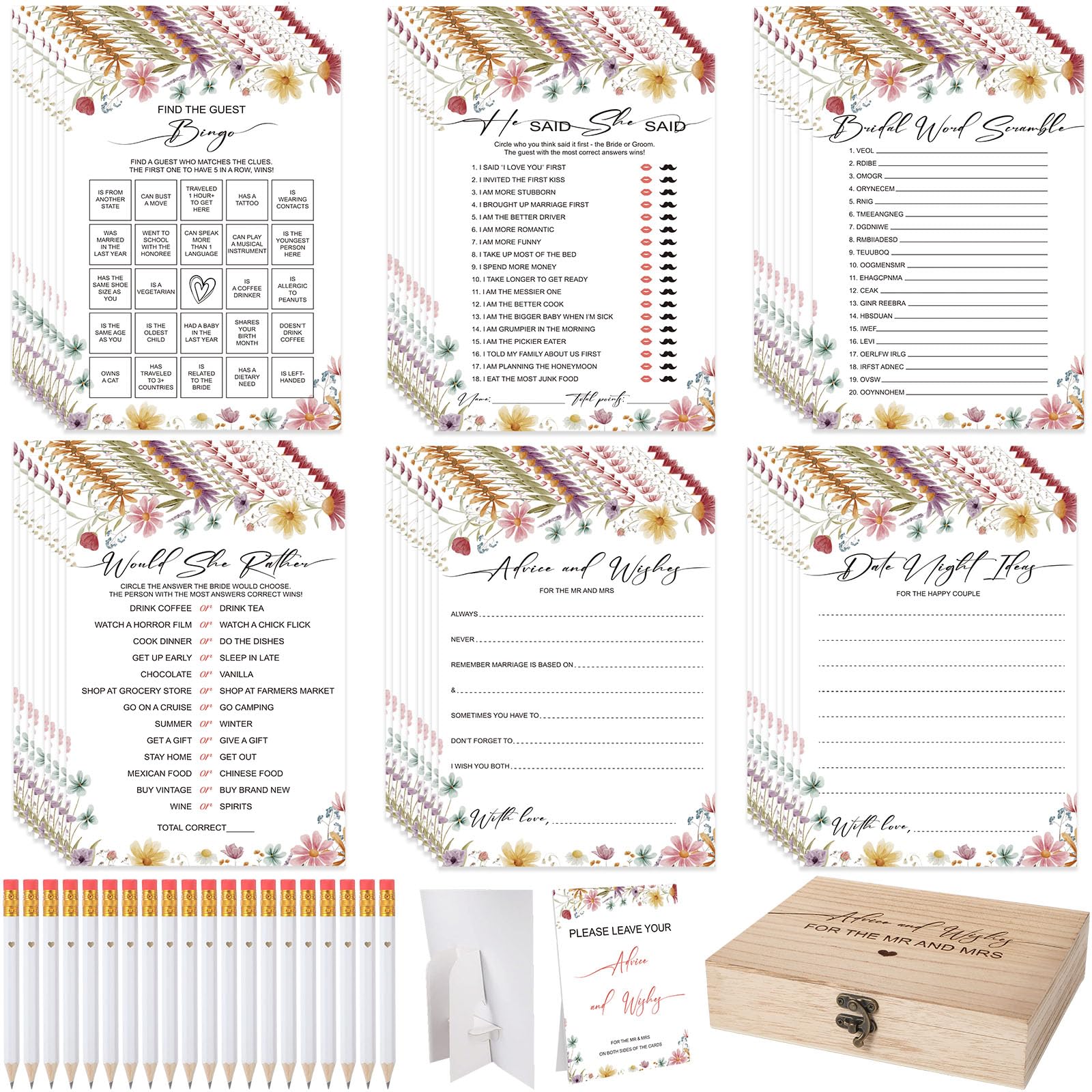 Silipull Bridal Shower Games Set for 50 Guests Includes Bingo, He Said She Said, Scramble, Would She Rather, Advice and Wishes Wedding Games Double Sided with Wooden Box, 20 Pencils(Wildflowers)