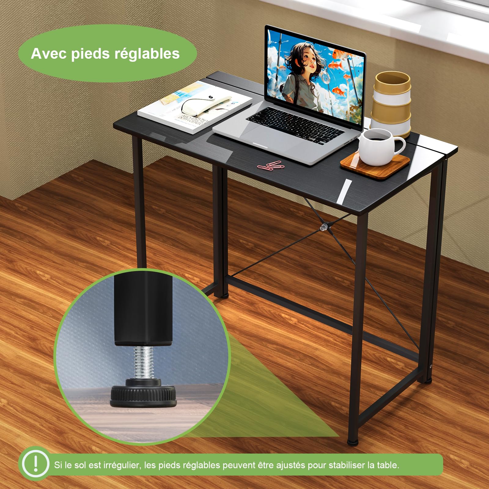 PIPIPOXER Table d'Ordinateur Pliante pour Bureau, Chambre, Lit, Canapé - Étude à Domicile - Noir 80x45x74cm