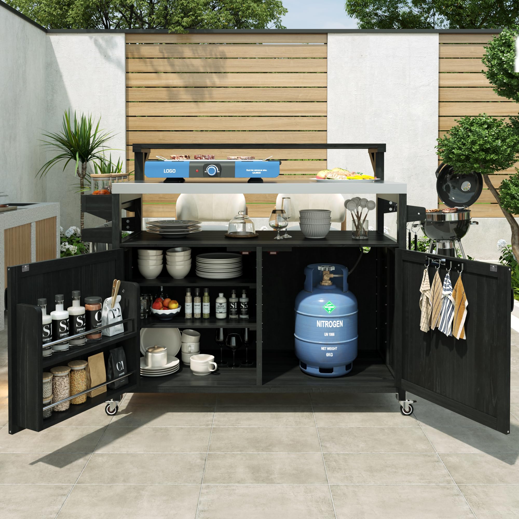Rustikaler Outdoor-Kücheninsel und rollbarer Grillwagen, 135,4 cm, Massivholz-Sto-Schrank mit Stahlplatte, verstellbaren Regalen und Gestell, perfekt für Grillen und Unterhaltung (schwarz)