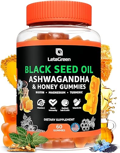Gomitas de aceite de semilla negra, aceite de semilla de comino negro, 500 mg de biotina, 500 mcg, Ashwagandha, 200 mg ACV, 100 mg de miel de colza,