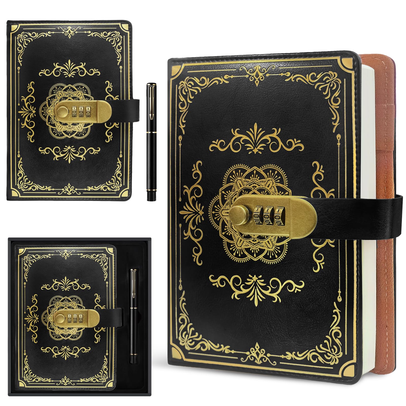 AMFUN Journal with Lock, A5 Diary with Lock, Password Notebook, 200 Pages with Pen and Gift Box Set, PU Leather Diary for Men and Women, 8.65.8 in - Patterned