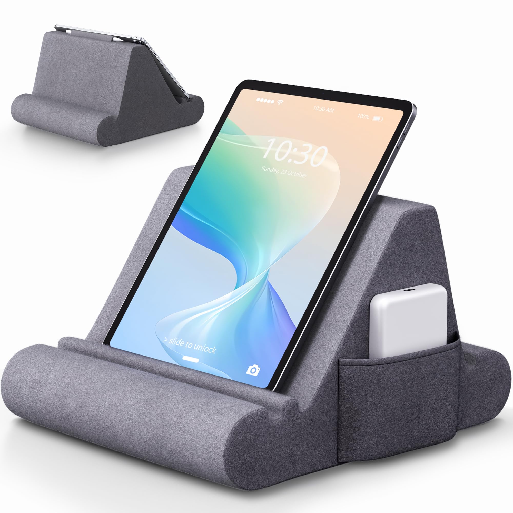 Lucrave Tablet Kissenständer, weiches Kissen für den Schoß, Tablet Halterung fürs Bett mit 3 Betrachtungswinkeln, Tasche, Stylus Halterung, kompatibel mit iPad Pro 13, 10.5, Air, Mini, Galaxy Tab