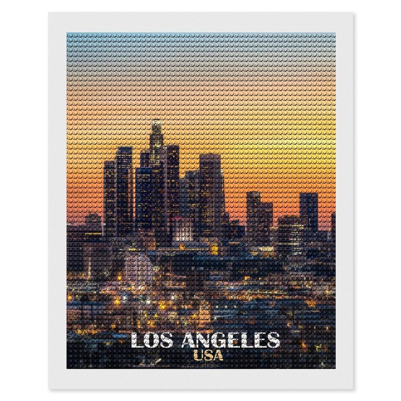 Junmoney Los Angeles Skyline at Sunset(2) Diamond Art Canvas 16"x20", for Creative Relaxation, Simple to Start, Aesthetic Room Decor, Holiday Gift Idea