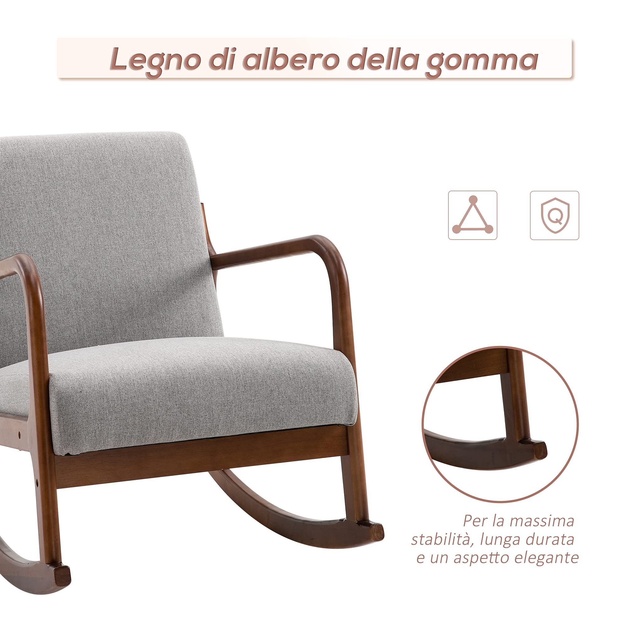 HOMCOM Poltrona a Dondolo Imbottita, Design Vintage in Legno e Poliestere Grigio, per Interni, Ufficio, Soggiorno, 64x86x80cm