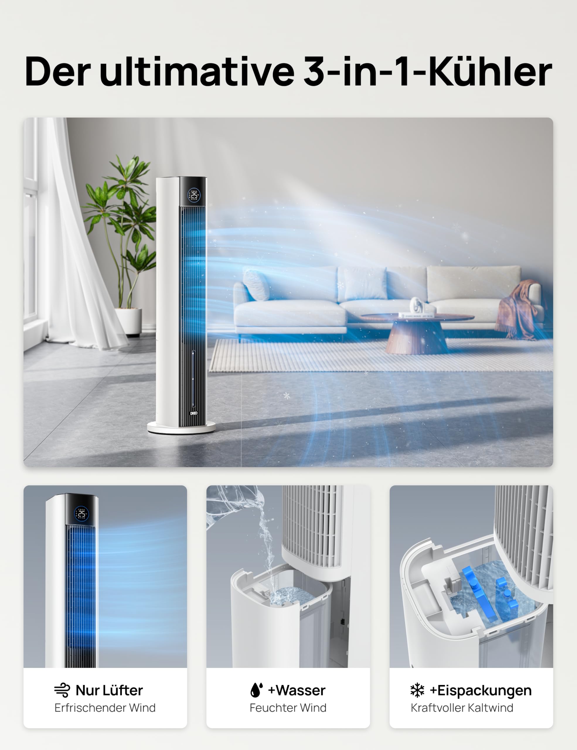 DREO Turmventilator mit Wasserkühlung, 110 cm Luftkühler mit Wasserkühlung Leise, 4-Geschwindigkeiten-4-Modi Verdunstungskühler, APP-Steuerung, Eisbeutel, 80° Oszillation, 12-Std. Timer, Weiß