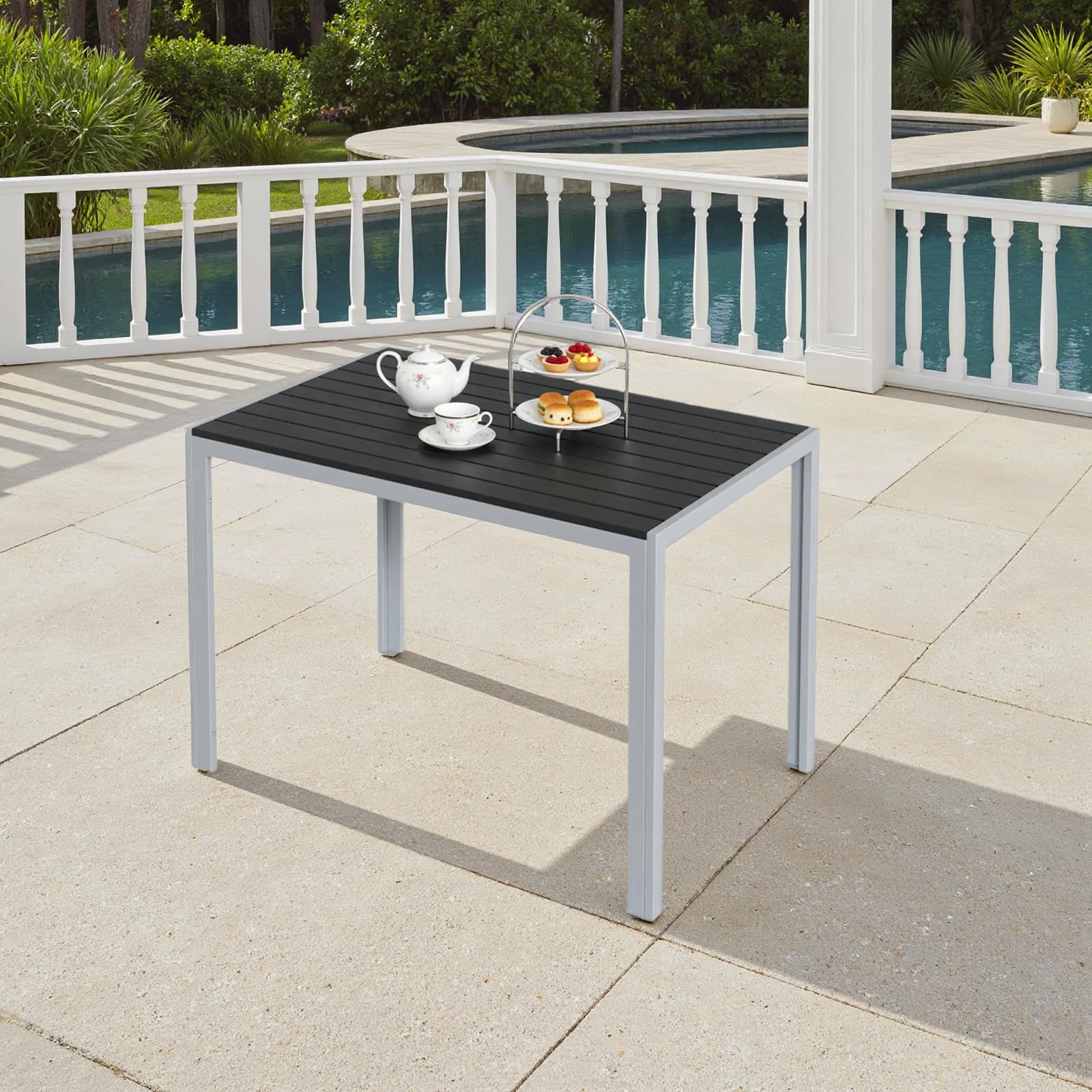 Clevich Mesa de jardín Resistente a la Intemperie, 110 x 70 cm, Mesa de Comedor al Aire Libre, Mesa de balcón WPC, Marco de Aluminio, Muebles de jardín Resistentes a la Intemperie, Mesa Cuadrada de