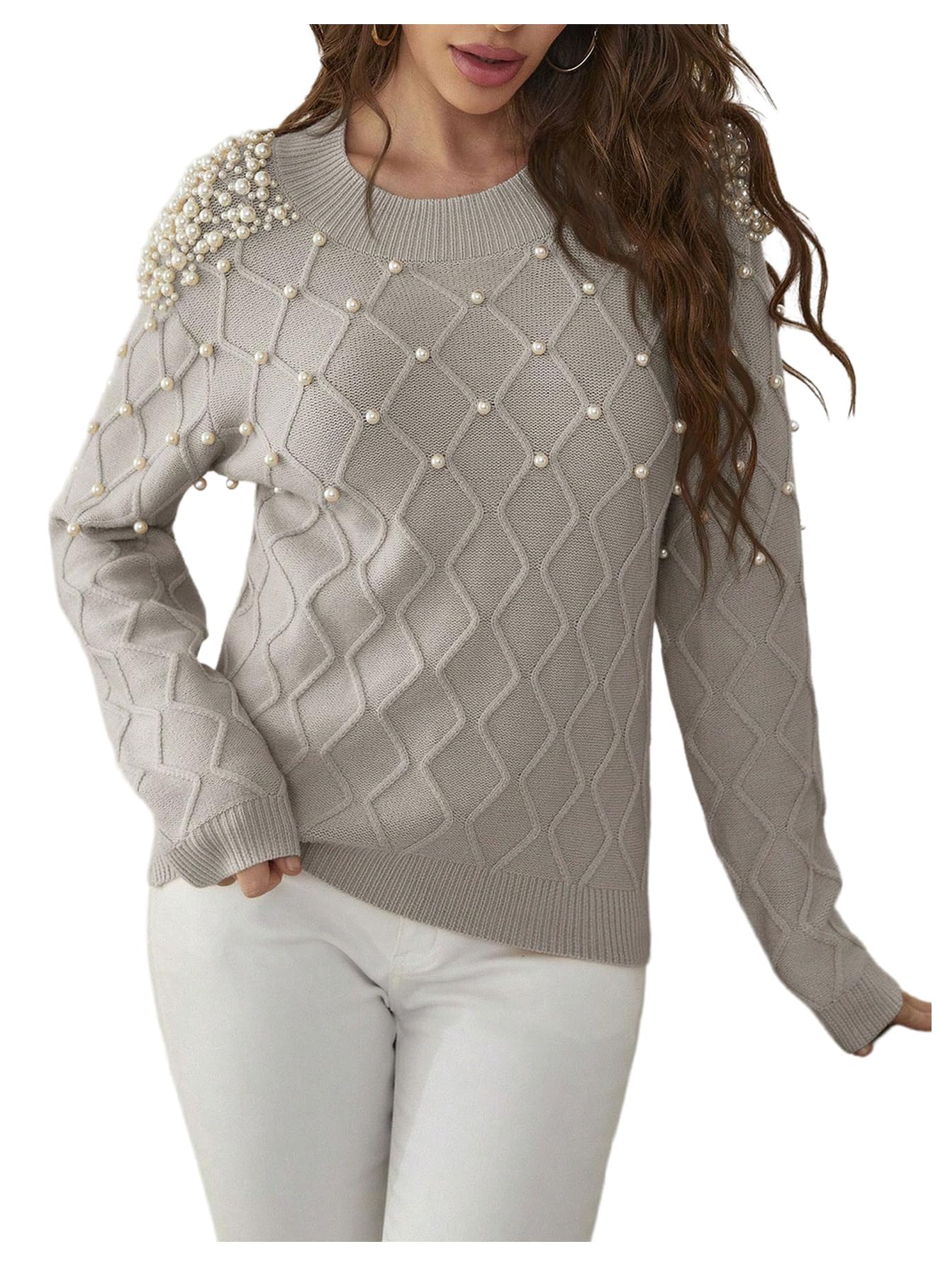 MakeMeChic Womens Pearl Holiday Sweater Crew Neck Long Sleeve Knit Dressy Pullover Tops