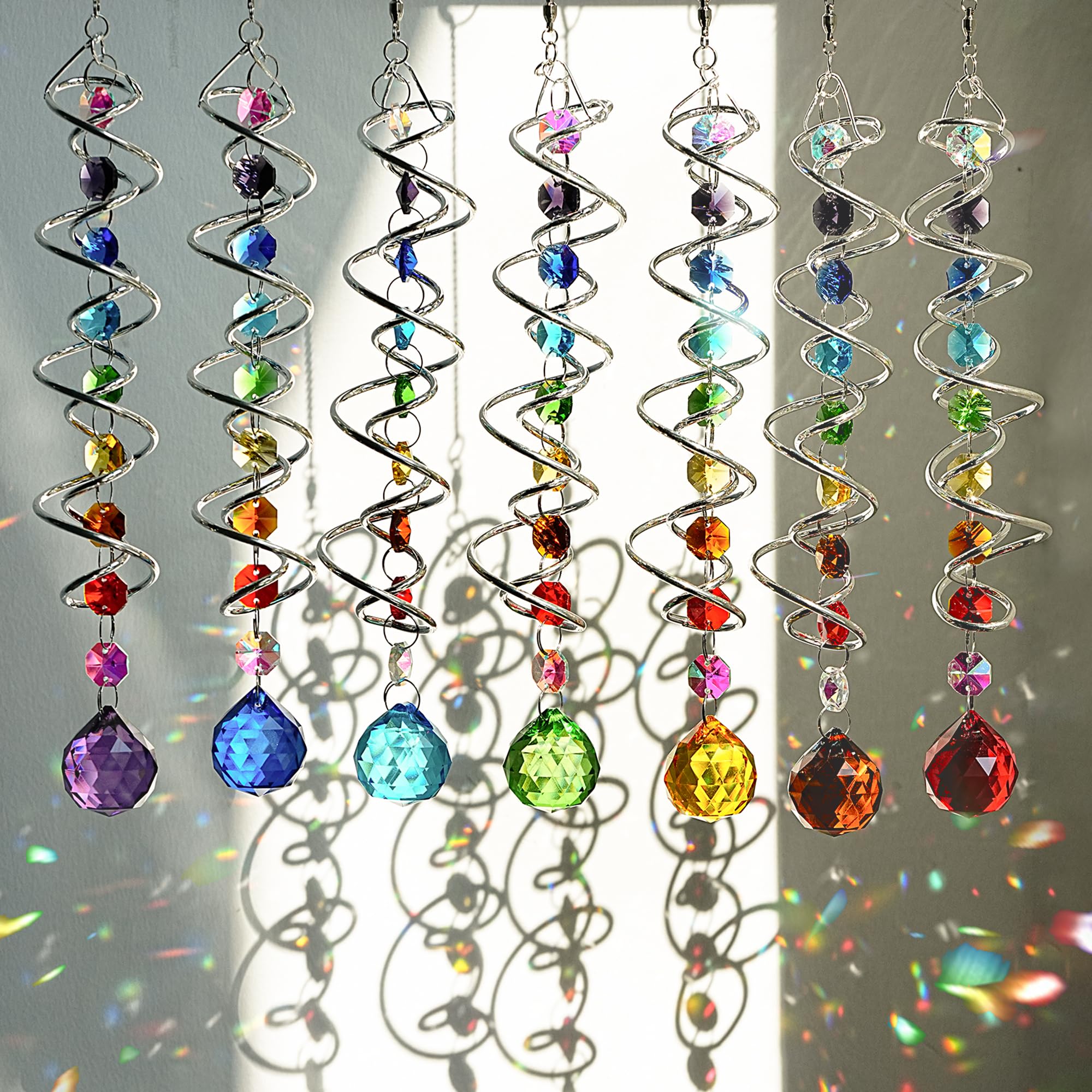 H&D HYALINE & DORA 7 Pack Crystal Suncatchers for Windows Hanging Gazing Ball Spiral Tail Wind Spinners Stainless Steel Hanging with Swivel Hook for Yard and Garden Indoor Home Decor โ image 1