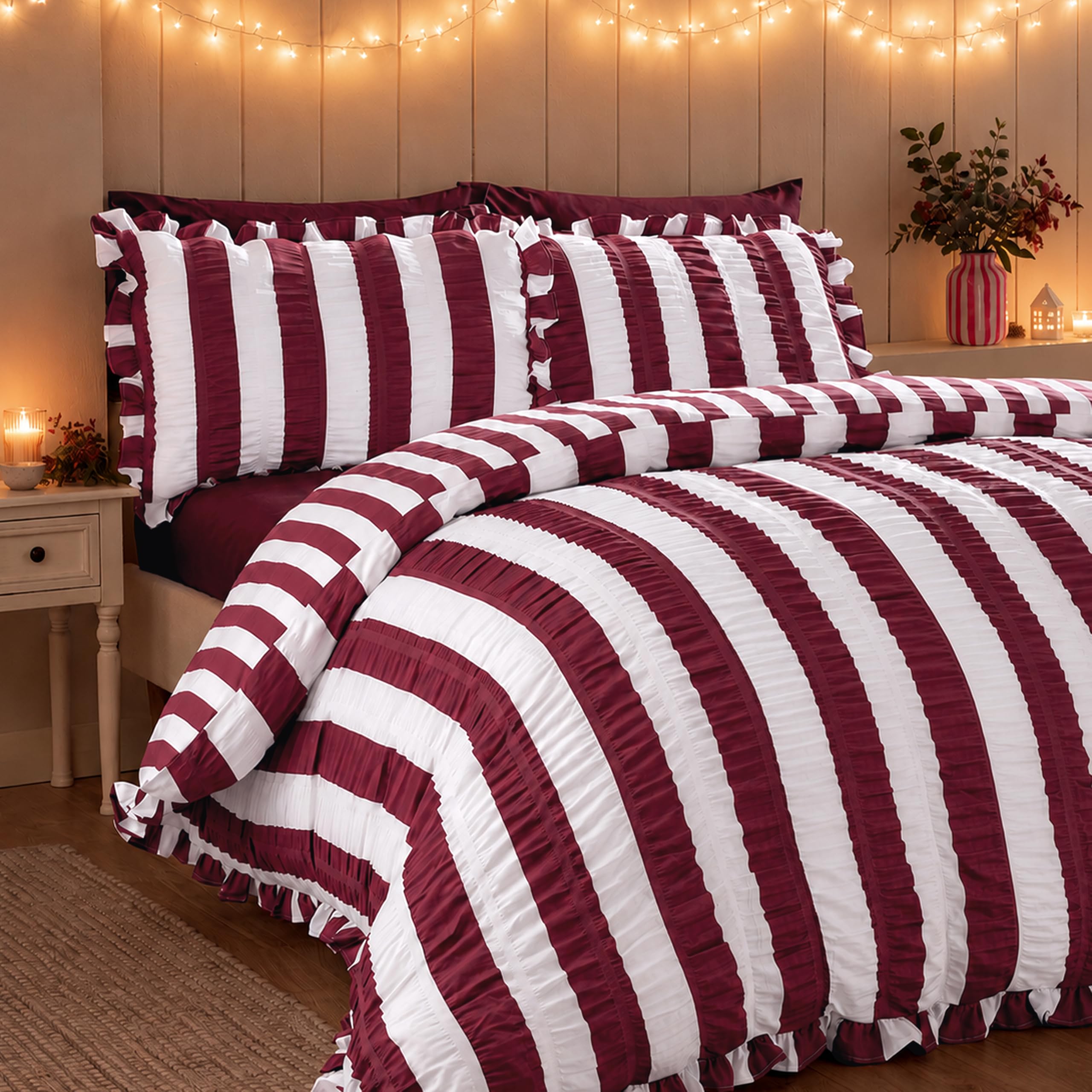 Catherine Lansfield Seersucker Frill Stripe Super King Duvet Set Plum