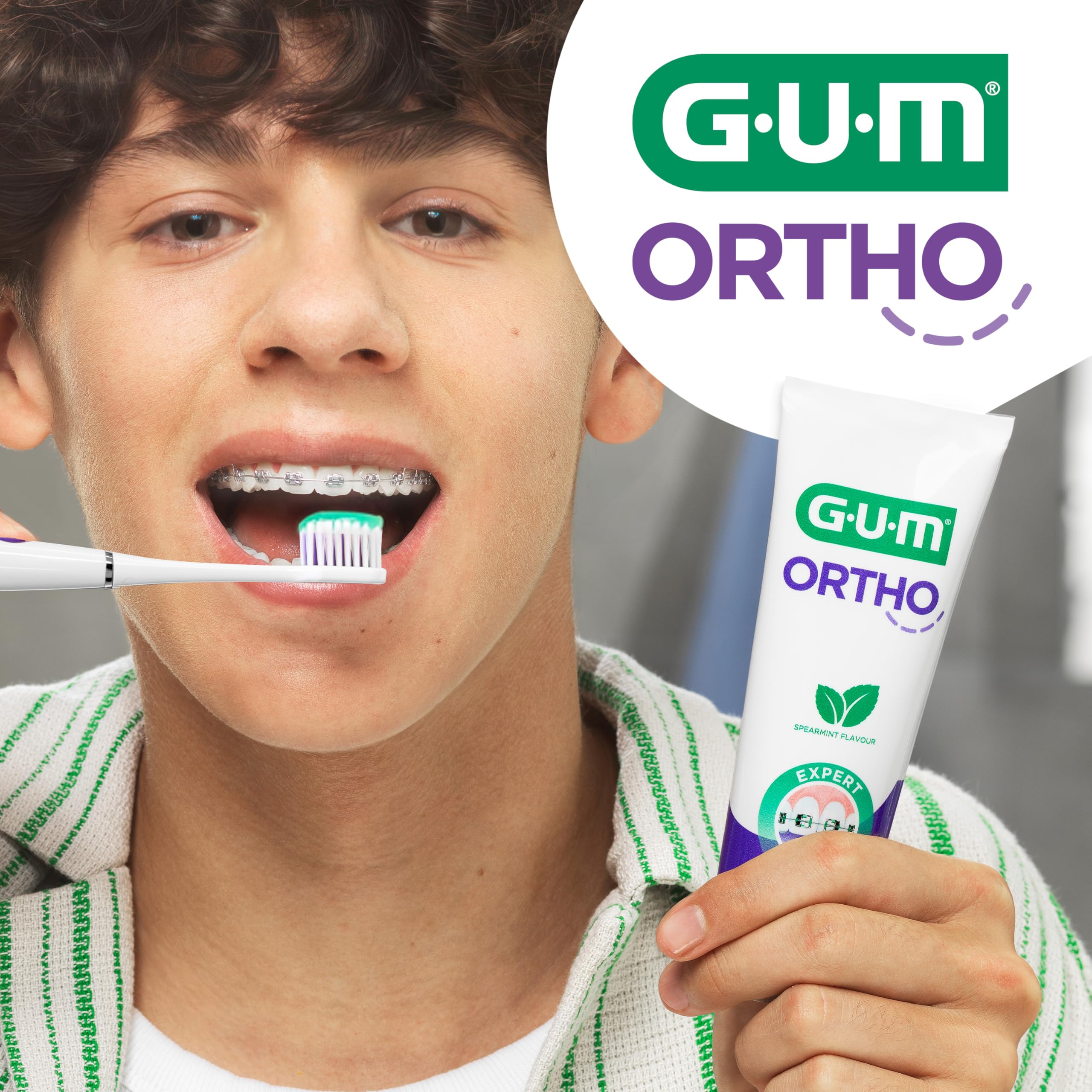 GUM Ortho żel do zębów, specjalnie dla osób noszących aparat ortodontyczny, redukuje powstawanie płytki nazębnej, wzmacnia szkliwo zębów, smak mięty pieprzowej, 6 x 75 ml