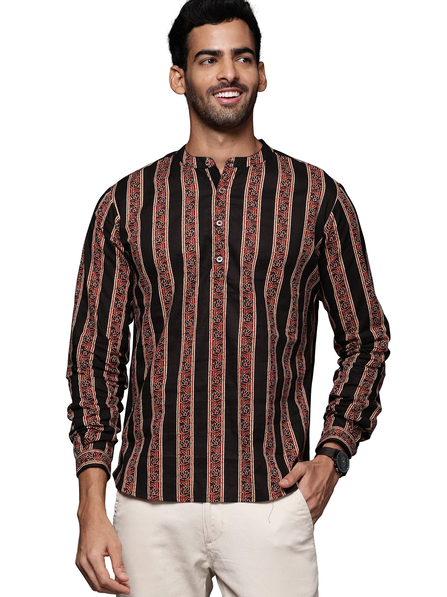 Indo Era Men's Cotton Straight Fit Striped Daily Straight Short Kurta (MKR0BK1177__Ready to Wear) in neutral