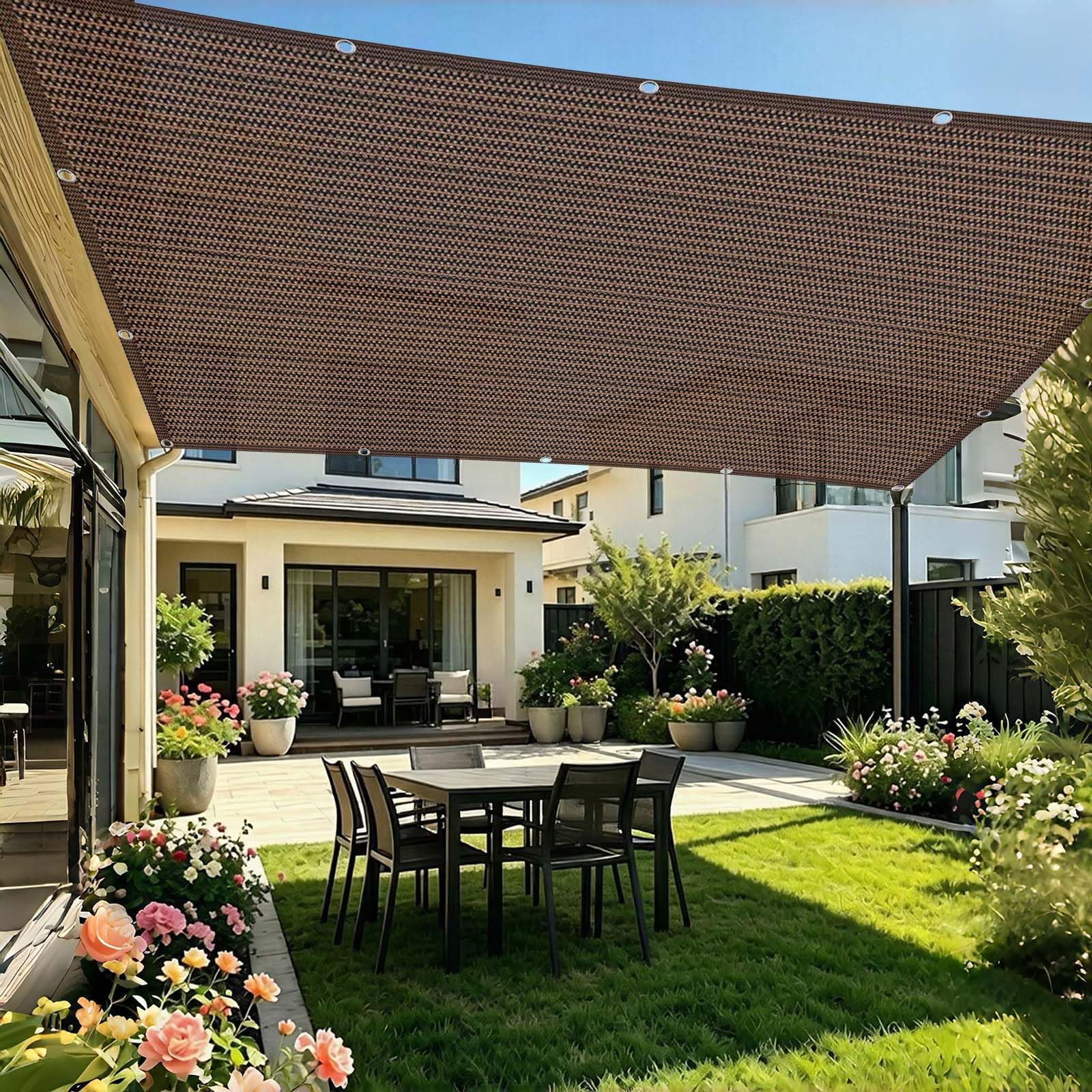 Tkanina Cieniująca 220 x 305 cm Oddychające HDPE – 95% Blokady Uv, 90% Zacienienia Siatka Cieniująca HDPE (Pokrowiec) Z Oczkami, Z Linką I Opaskami Kablowymi Do Ogrodu, brązowy