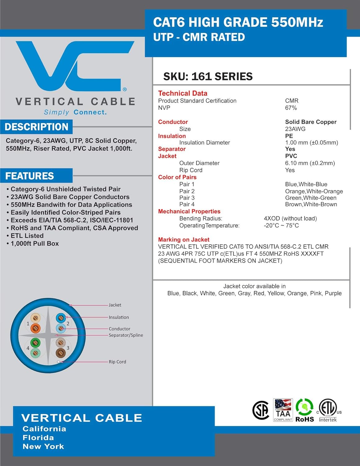 Get Cheap Price Vertical Cable Cat6, 550 MHz, UTP, 23AWG, Solid Bare Copper,1000ft, Bulk Ethernet Cable - 161 Series, White Big Sale Vertical Cable Cat6, 550 MHz, UTP, 23AWG, Solid Bare Copper,1000ft, Bulk Ethernet Cable - 161 Series, White