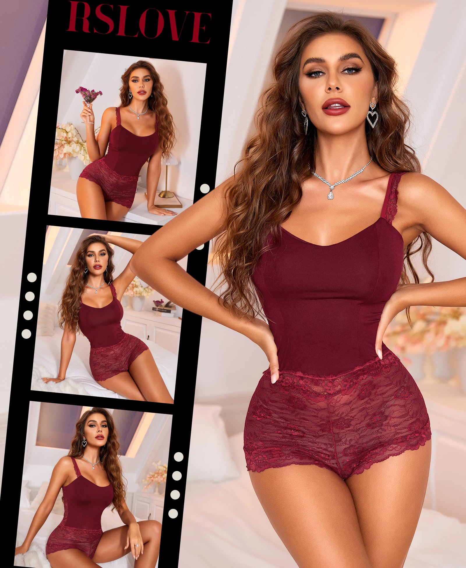 RSLOVE Damski zestaw piżamowy - seksowna bielizna nocna Tank Top i szorty z koronki