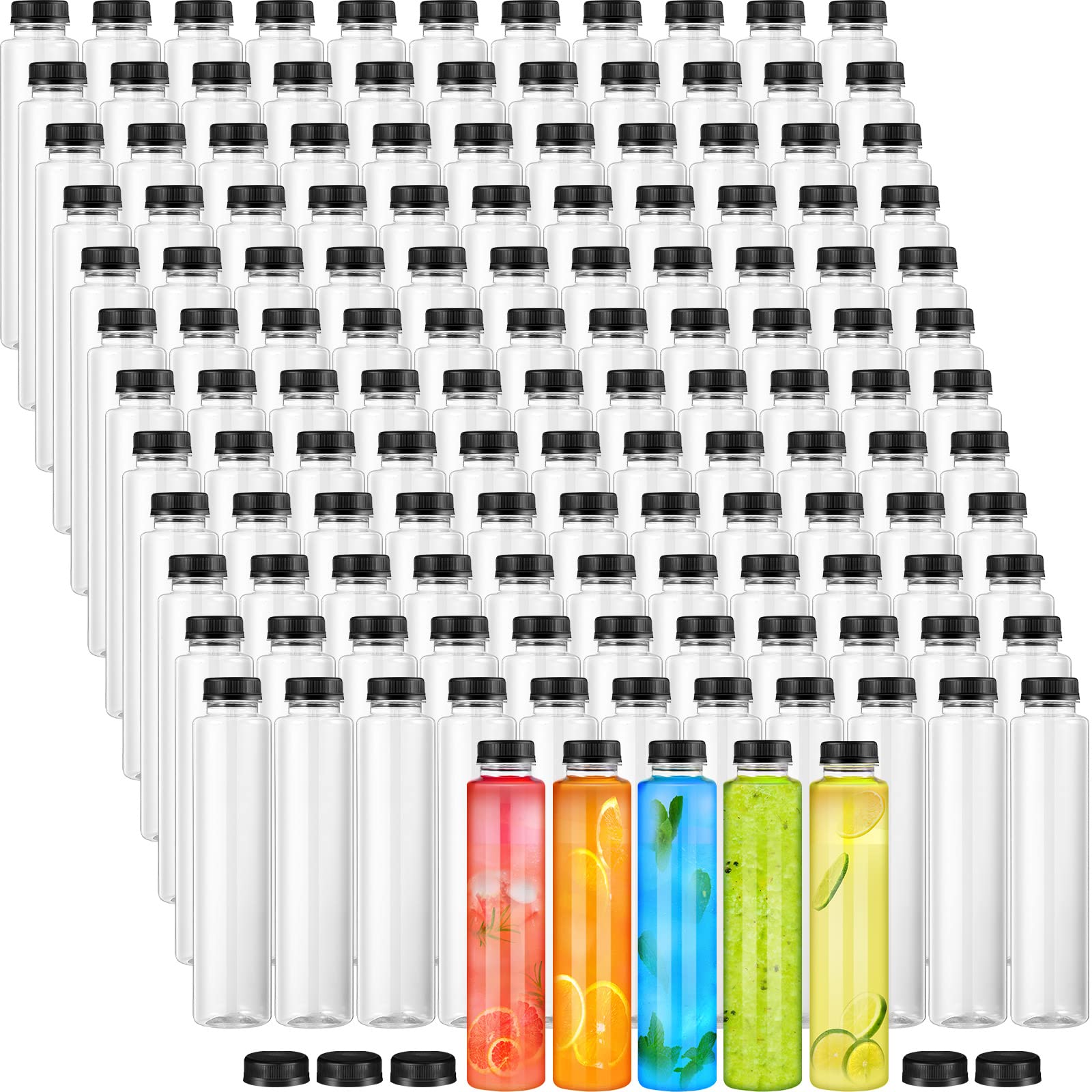 Photo 1 of 150 Pcs Plastic Juice Bottle with Caps Clear Cylindrical Drink Containers Bulk Empty PET Beverages Bottles with Tamper Evident Lids for Juicing Smoothies Drinking Fridge(Black, 16oz) Black 16oz