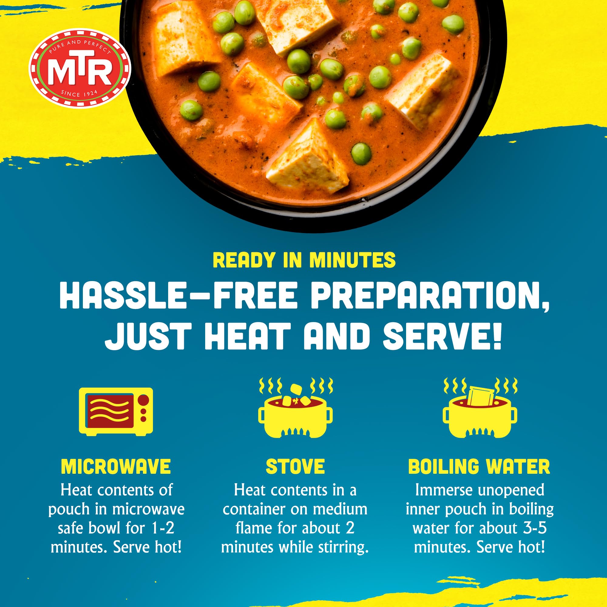 MTR - Minute Meals: Mutter Paneer - Spiced Green Peas & Cottage Cheese in Gravy - Tasty Indian Meal with No Added Preservatives - A Quick Meal Suitable for Vegetarians, Ready in Minutes! (Pack of 6)