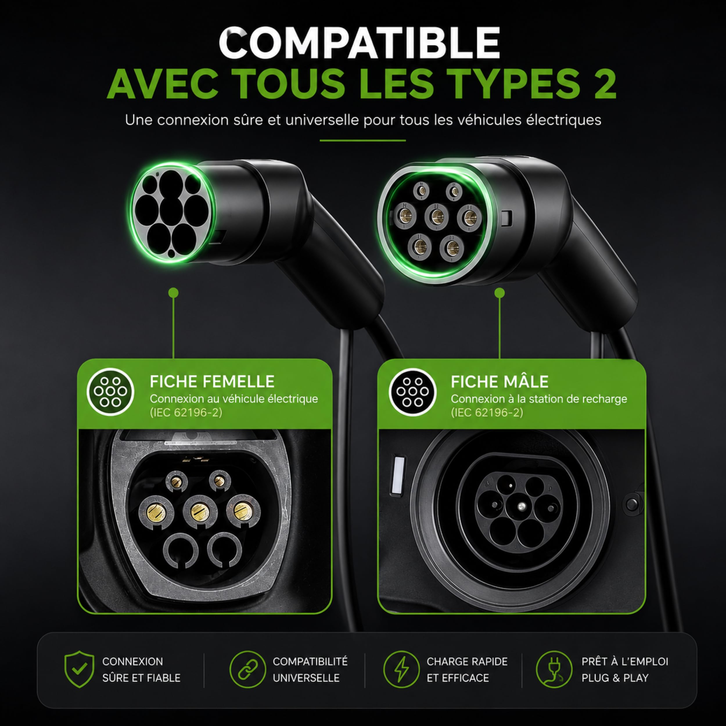 Câble Recharge & Chargeur Voiture Électrique Type 2 Hybride 7-11-22 KW 32A 5M, IP65 TÜV CE, Tesla Model 3/Y, Renault Zoé, Peugeot e-208 - Marque Française