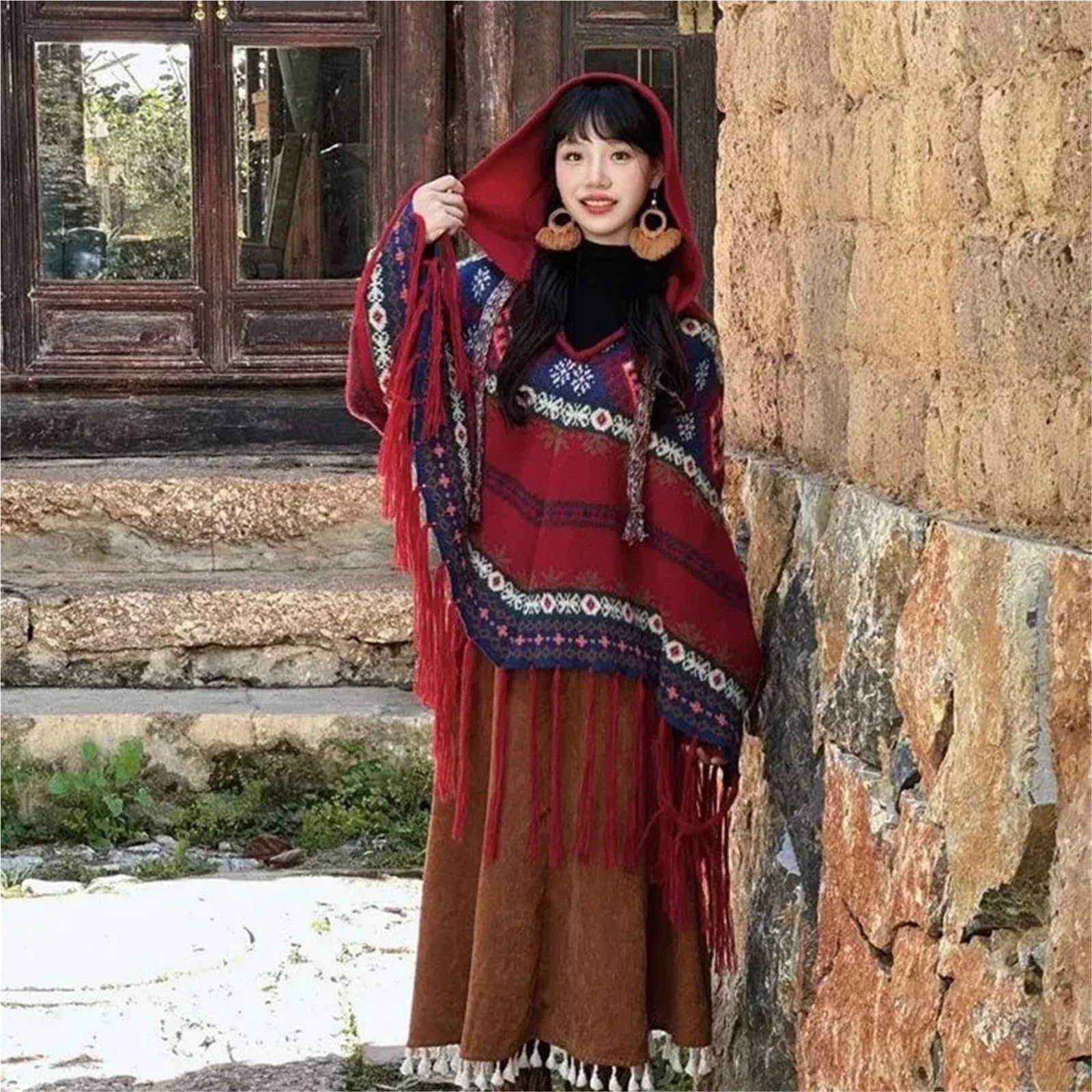 Poncho Donna Poncho Invernale da Viaggio, da Donna, Stile Boho, Vintage, Natalizio, con Cappuccio, Scialle, Maglione, Cappotto