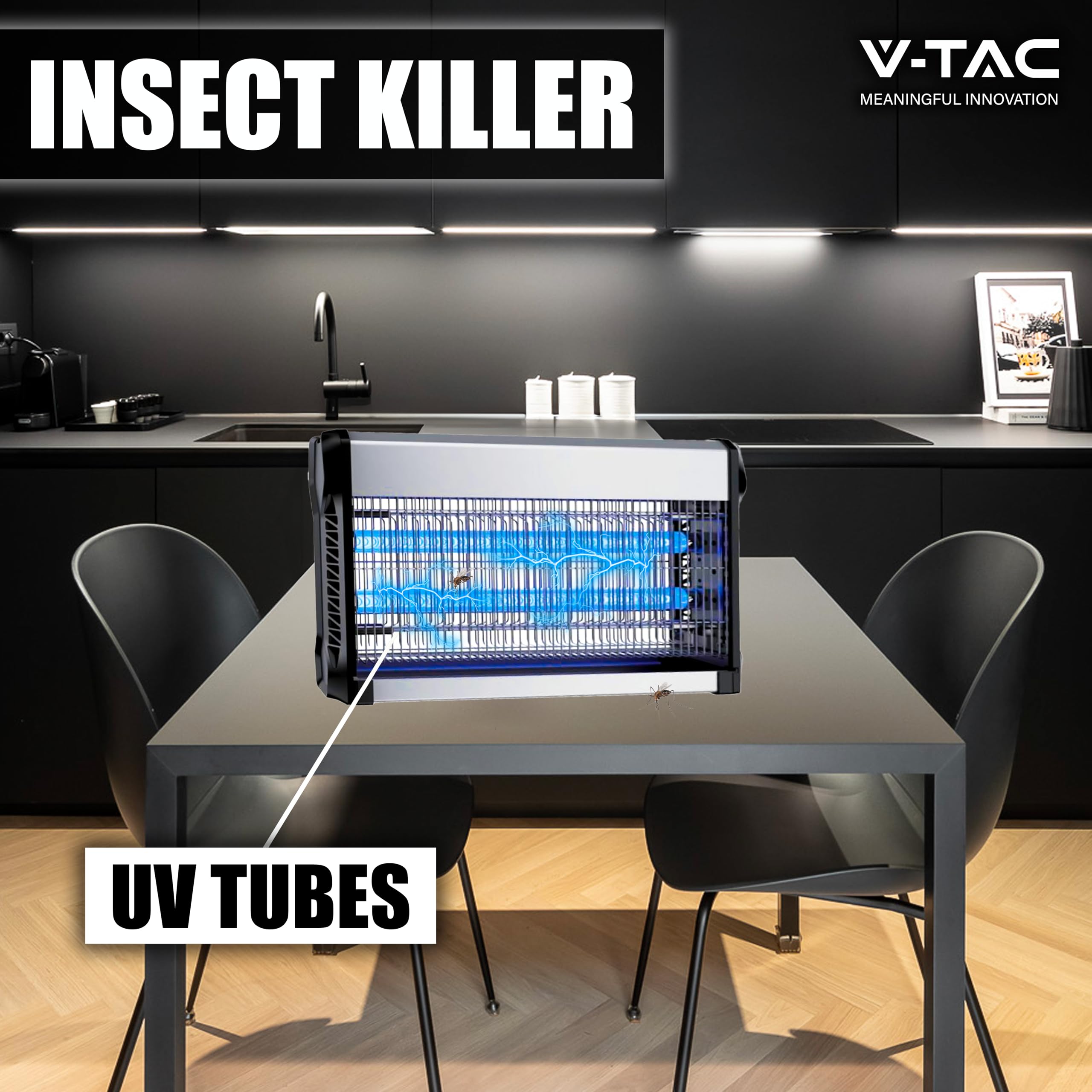 V-TAC Zanzariera Elettrica Potente - 30W con Area di Azione 100 m² - Design Sottile - Zanzariera con Luce Blu UV per Uso Interno ed Esterno - Trappola Elettrica contro Zanzare e Insetti - Potenza 30W