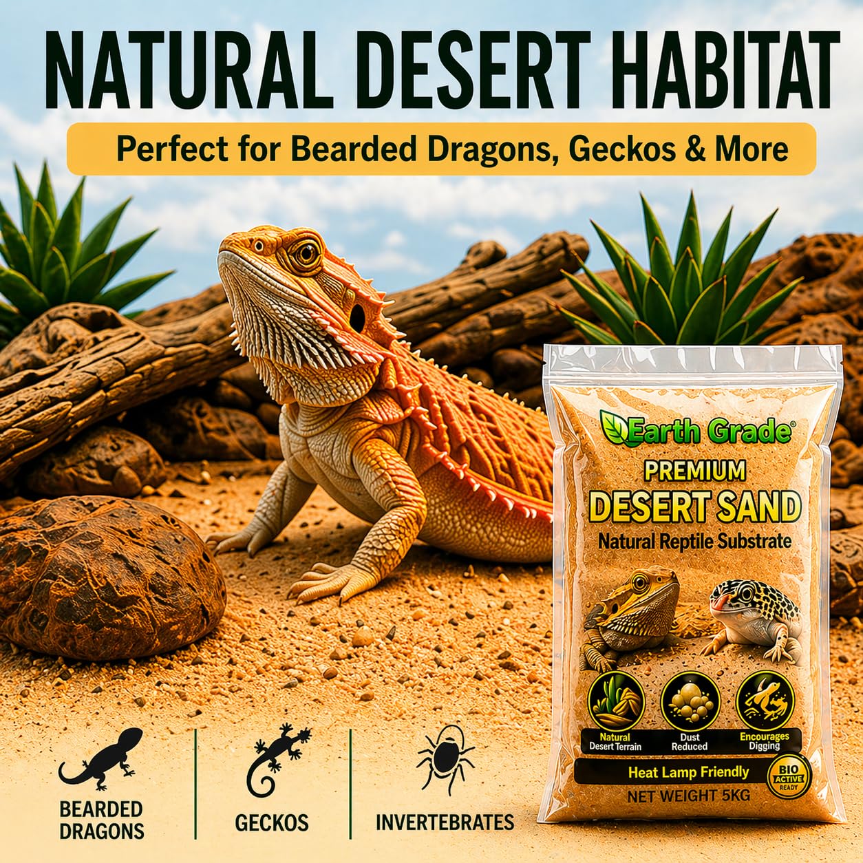 Sable du désert – Substrat naturel pour reptiles pour dragons barbu, geckos et lézards – Réduction de la poussière, sans danger pour la lampe – Encourage le creusement naturel et le