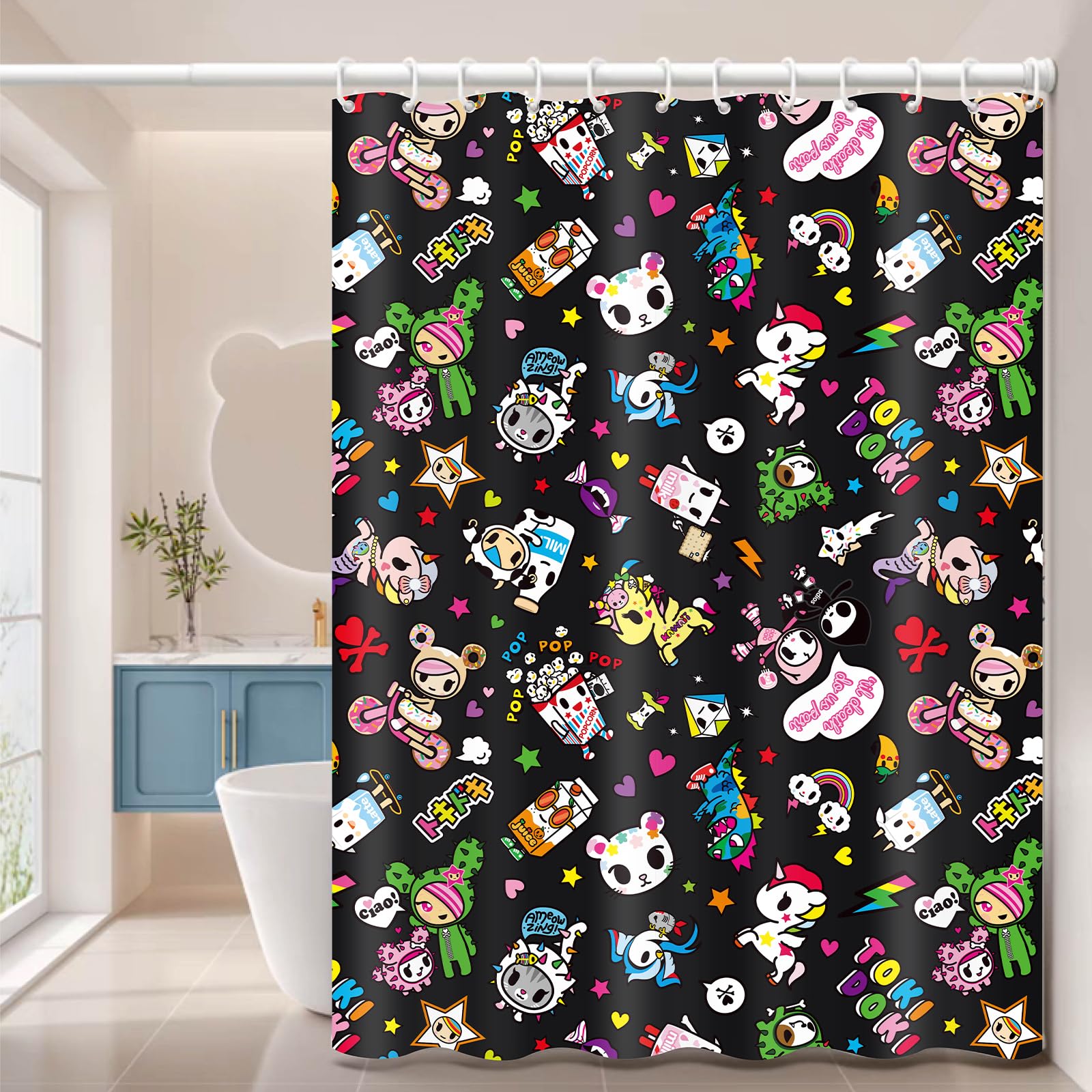 Rideau de douche Tokidoki Unicorno noir imperméable avec crochets