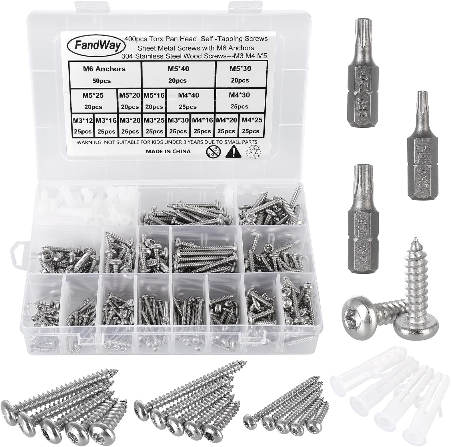 400Pcs Torx Self-Tapping Screws,M3 M4 M5 Wood Screws Kit,Pan Head Torx Security Anti-Theft Screw,304 Stainless Steel Self Drilling Sheet Metal Screw With 3 bits and M6 Anchors.