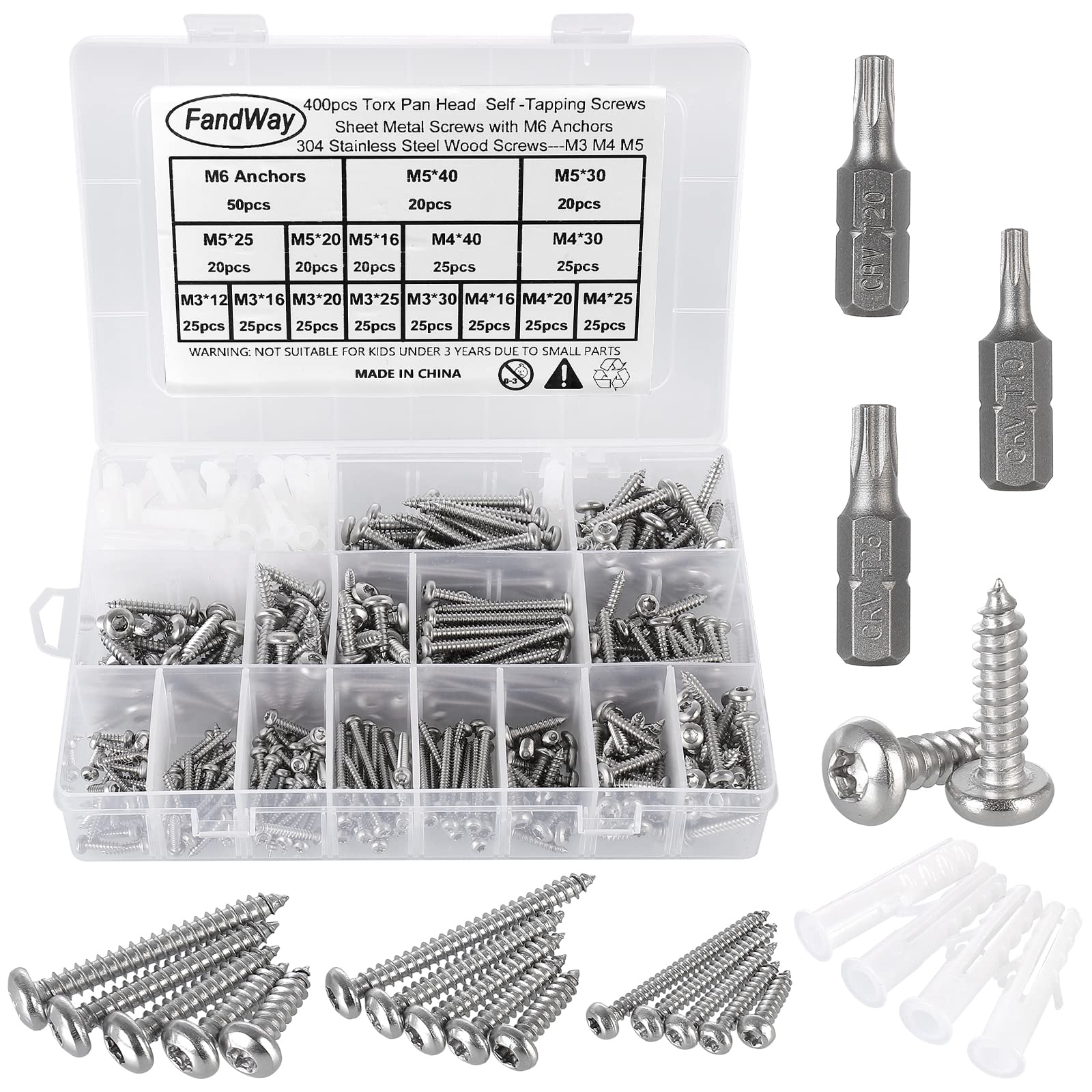 400Pcs Torx Self-Tapping Screws,M3 M4 M5 Wood Screws Kit,Pan Head Torx Security Anti-Theft Screw,304 Stainless Steel Self Drilling Sheet Metal Screw With 3 bits and M6 Anchors.