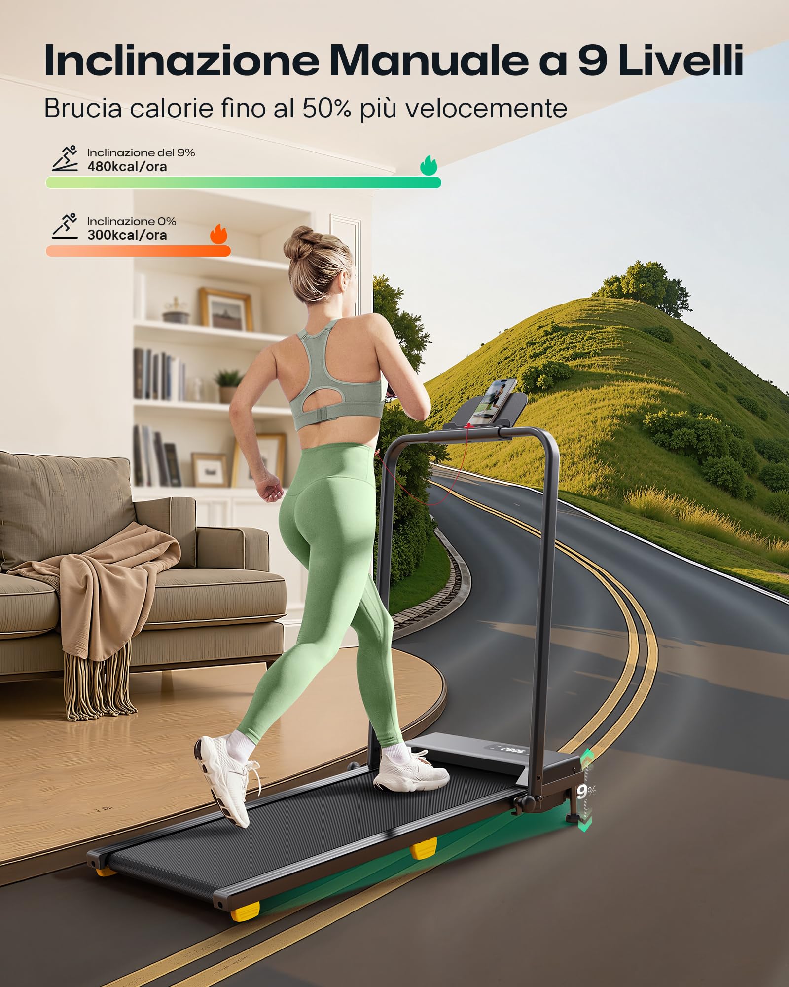 UREVO Tapis Roulant Elettrico con Inclinazione 9%, 1-10 km/h Tapirulan Pieghevole da Casa, Motore 2.5 HP, Modalità HIIT One-Touch, Tapis Roulant Salvaspazio per Casa e Ufficio
