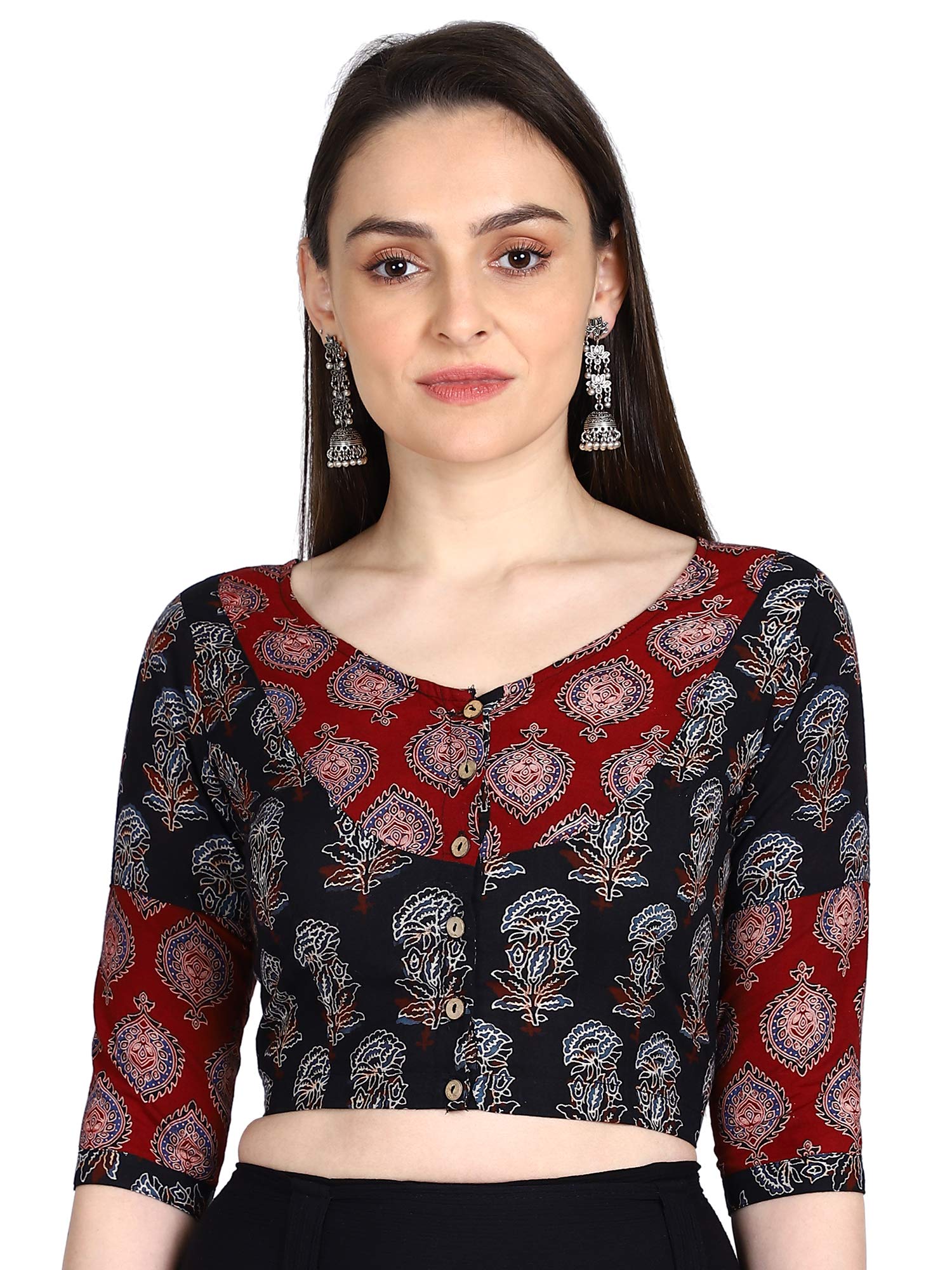 Black & Red Ajrakh Hand Block Printed Cotton Casual Readymade Blouse-image-18