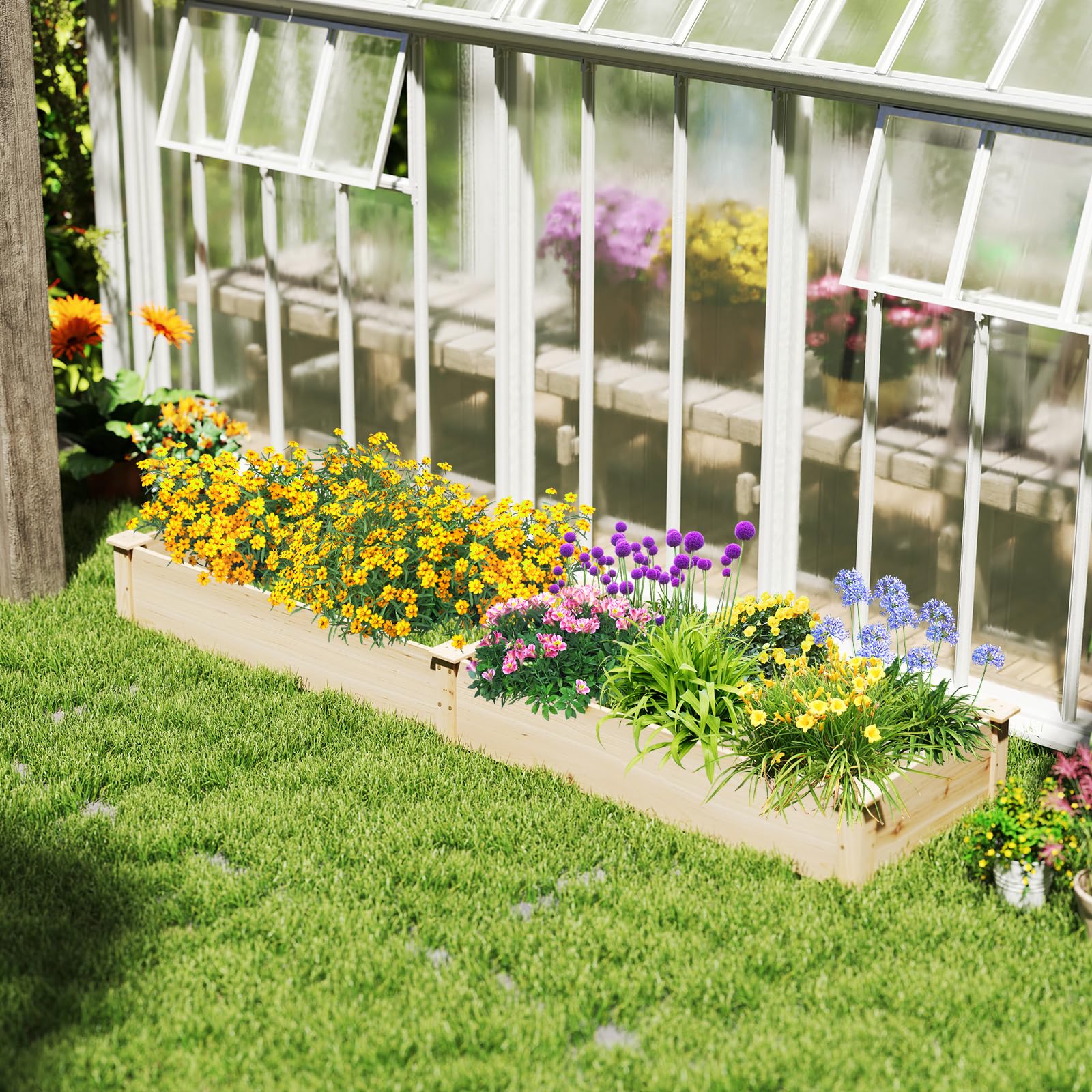 GOPLUS Carre Potager en Bois de Sapin 228x62x25 CM avec Fond Ouvert, Potager Exterieur avec 1 Grand Bacs à Plantation et 6 Petit Bac pour Fleurs Légumes Fruits Herbes, Idéal pour Balcon (Brun)