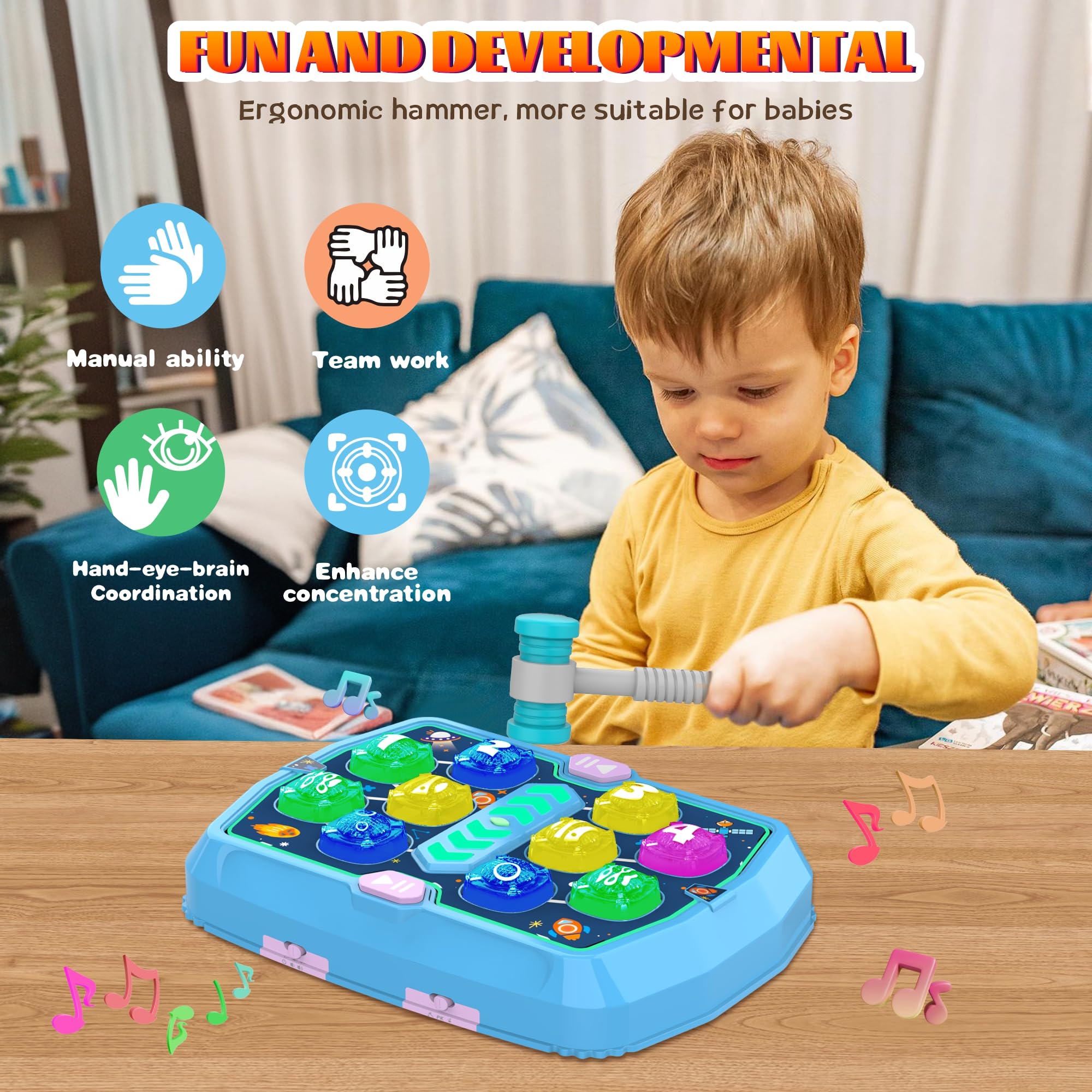 Pafolo Whack Game Mole Toy para niños pequeños, Regalos de cumpleaños de Navidad para Juguetes para niños/niñas de 3 4 5 6+ años, Juguetes educativos interactivos con 2 martillos Azul