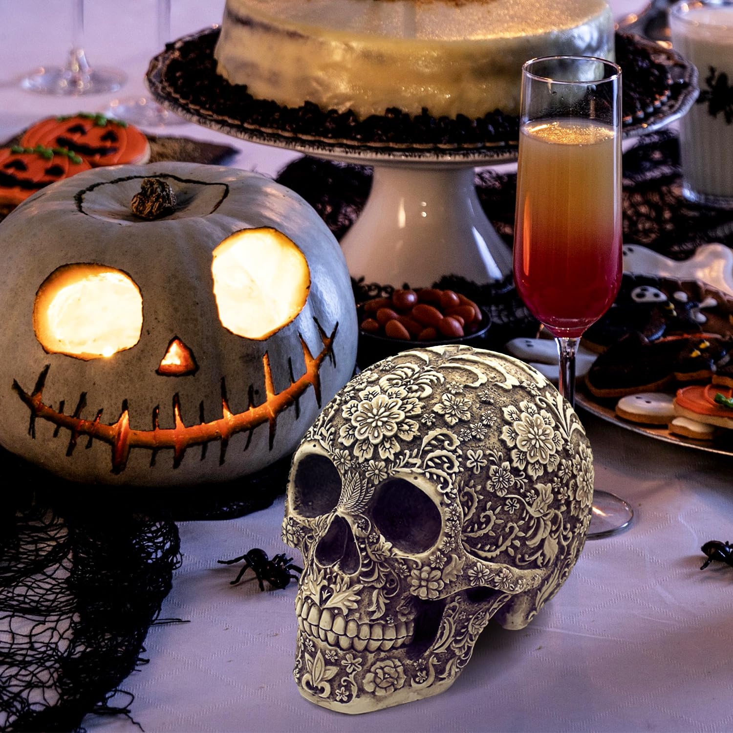 Wynameleri Kreative Totenkopf-Blumen-Skulptur 20,6 cm, menschlicher Kopf Skelett-Statue, Halloween Heimdekoration, kunstvolles Blumen-Totenkopf-Gesicht, realistisches Modell Skulptur Geschenke