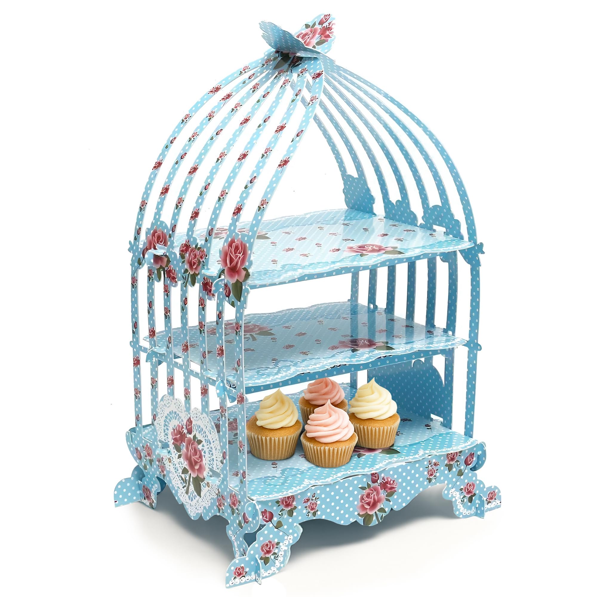 Trimming Shop Blue Birdcage Cupcake Stand - Vintage 3 Tier Cake Display Tower Foldable Cardboard Dessert Stand Holder For Cupcakes, Wedding, Birthday, Tea Party & Event Decoration,