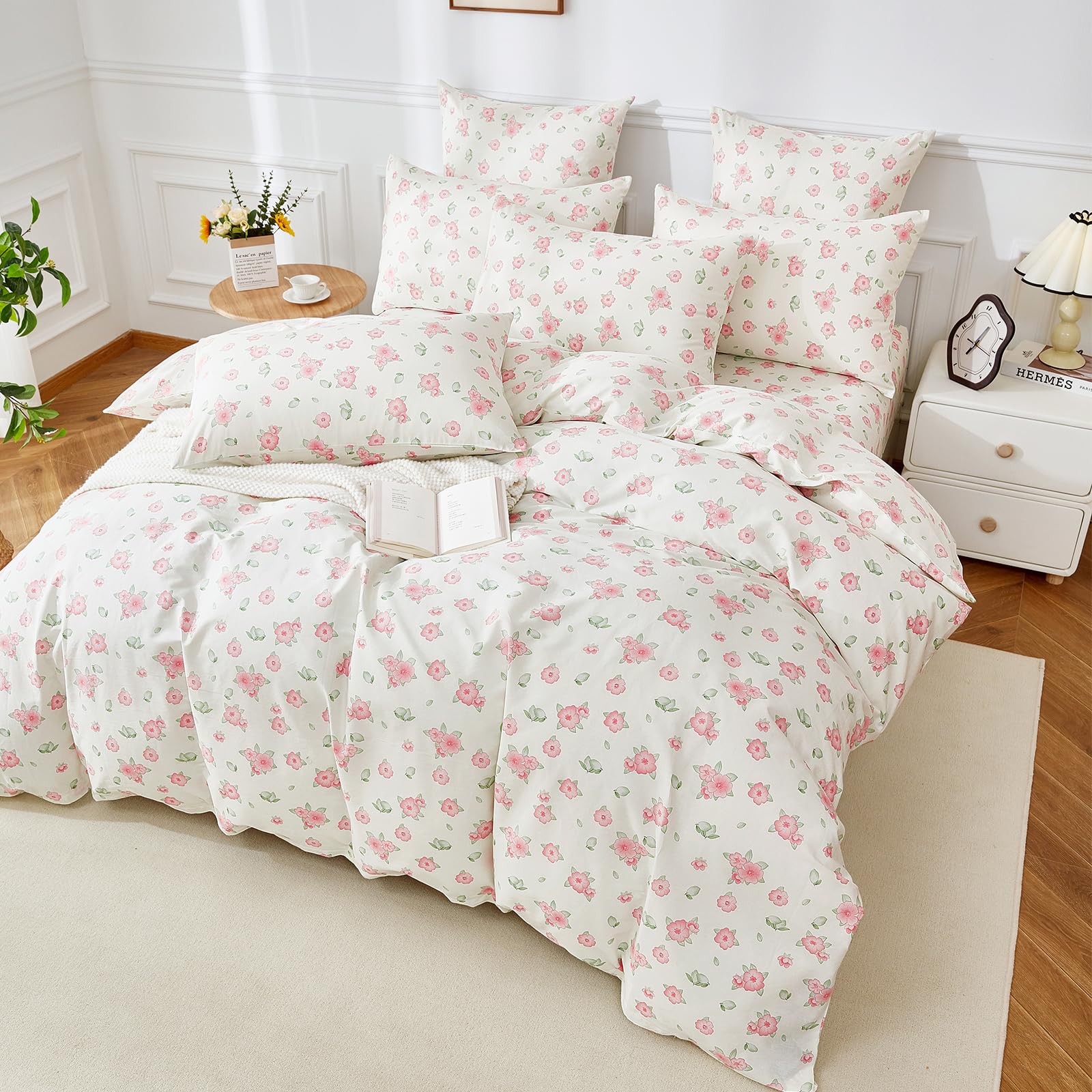 Biancheria da letto con fiori, 220 x 240 cm, in cotone rosa, motivo floreale, morbida, traspirante, 3 pezzi, per ragazze con chiusura lampo e 2 federe da 80 x 80 cm