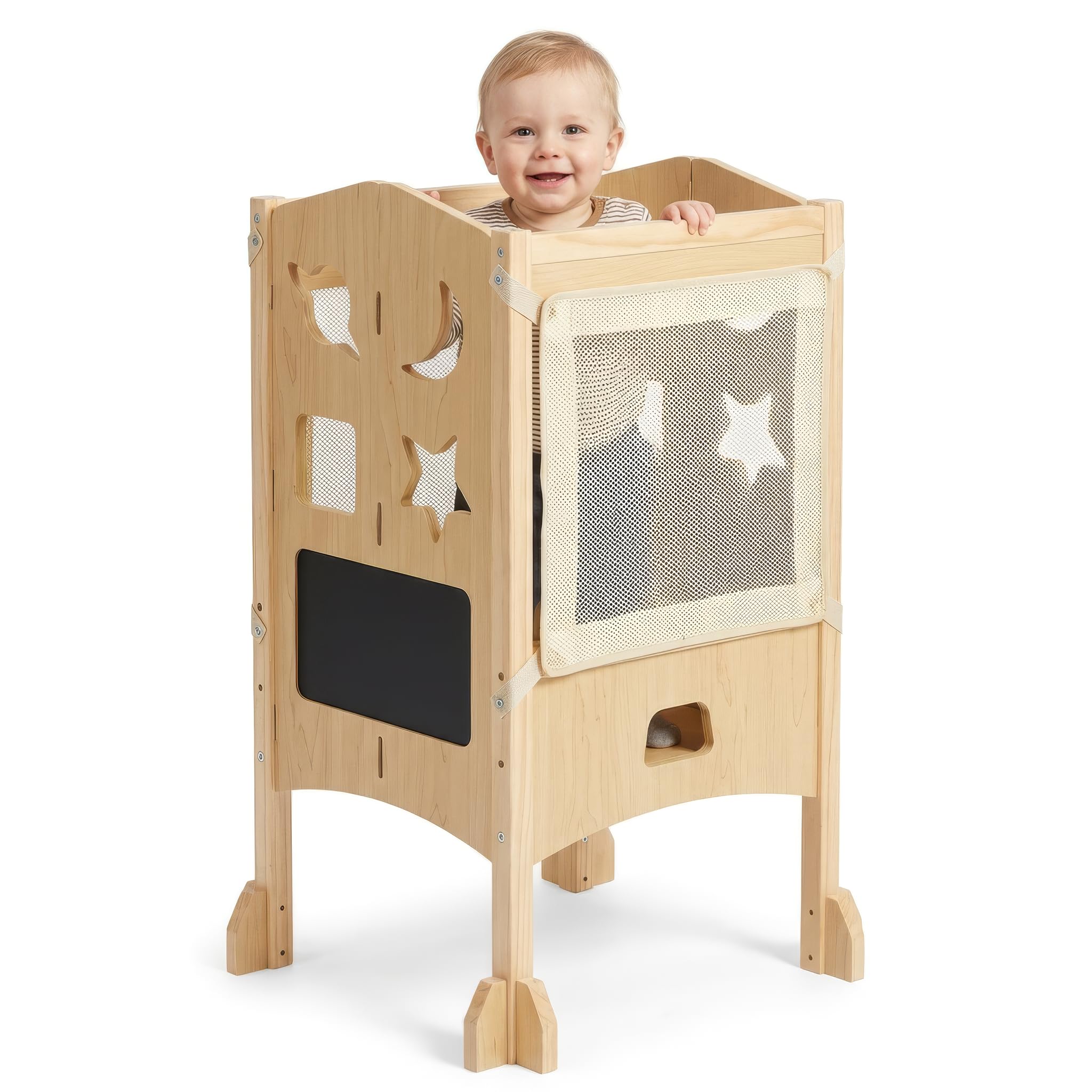 BabybeFun Lernturm ab 1 Jahr - Lernturm klappbar inkl. 360° Sicherheitsnetz - Extra Stabiler und massiver Learning Tower - vormontiert geliefert mit Anti-Kipp-Schutz