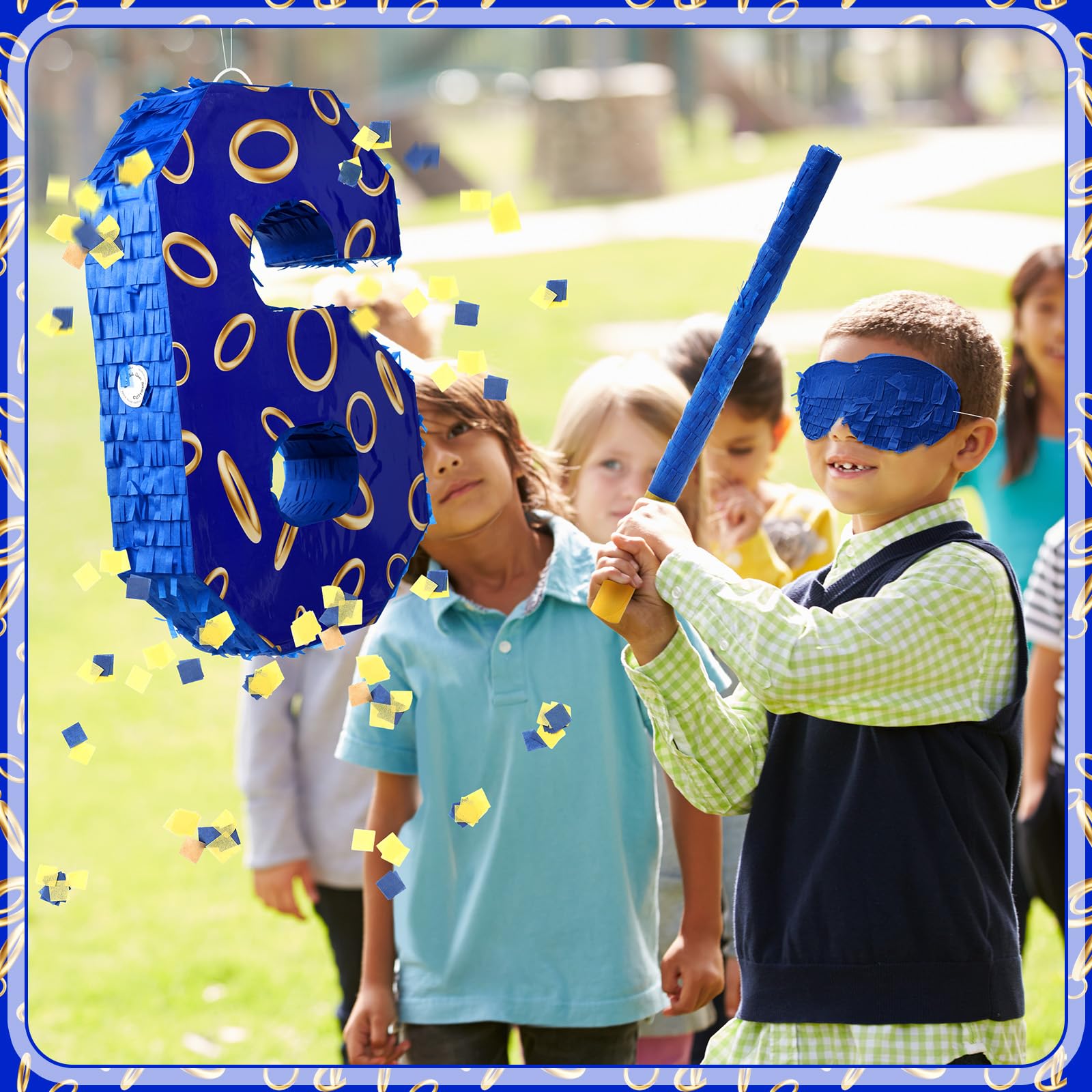 Simgoing Piñata en forme de chiffre 6 avec anneaux bleus et dorés pour anniversaire d'enfants, petite piñata avec bandeau pour les yeux et confettis pour décoration de fête Fiesta Cinco de Mayo, 40 x