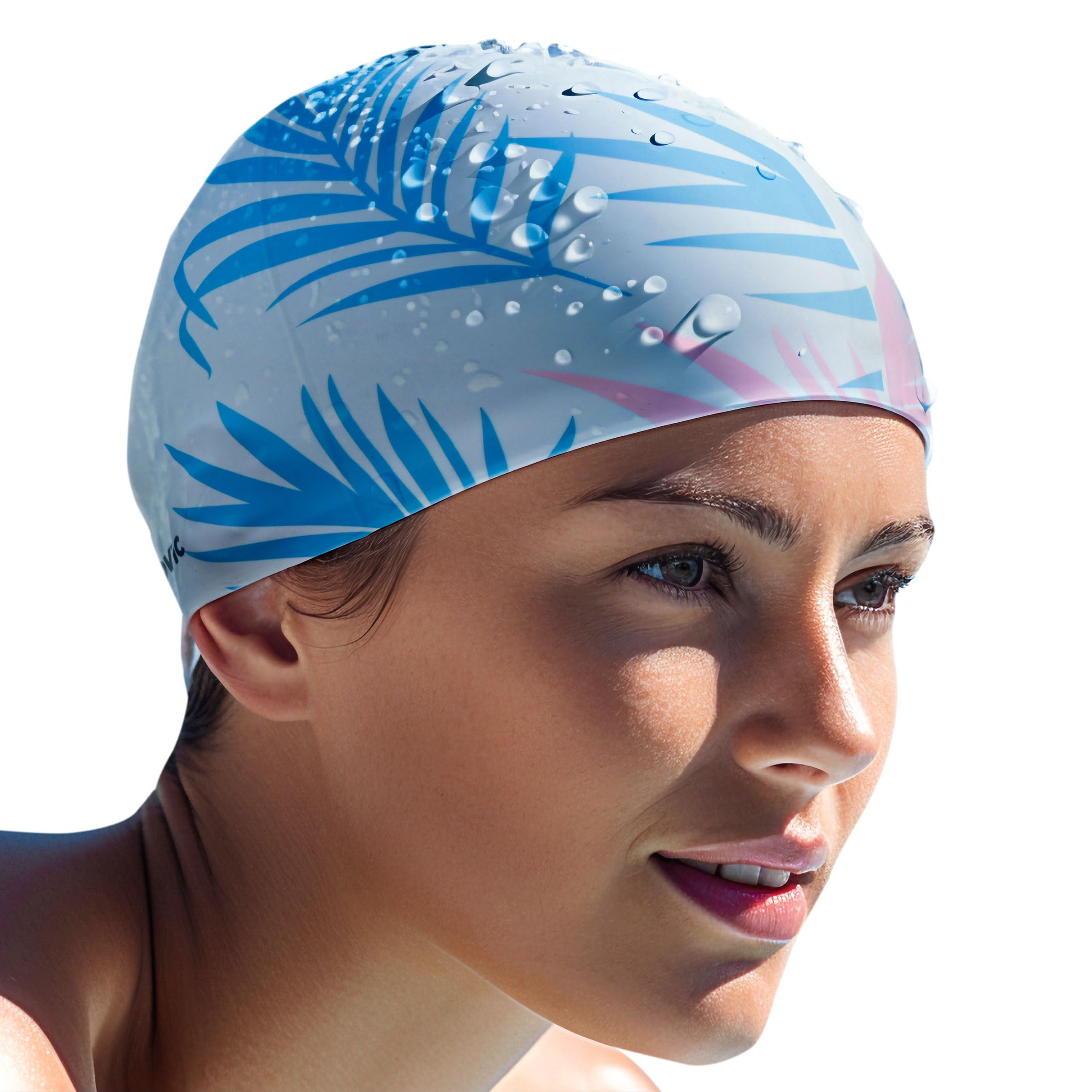 Slovic Swimming Cap for Men & Women [White-Leaf] | Swimming Caps for Women with Long Hair | Swimming Accessories for Men & Women |Unisex & Waterproof Silicon Cap to Prevent Chemical Damage | Free Size