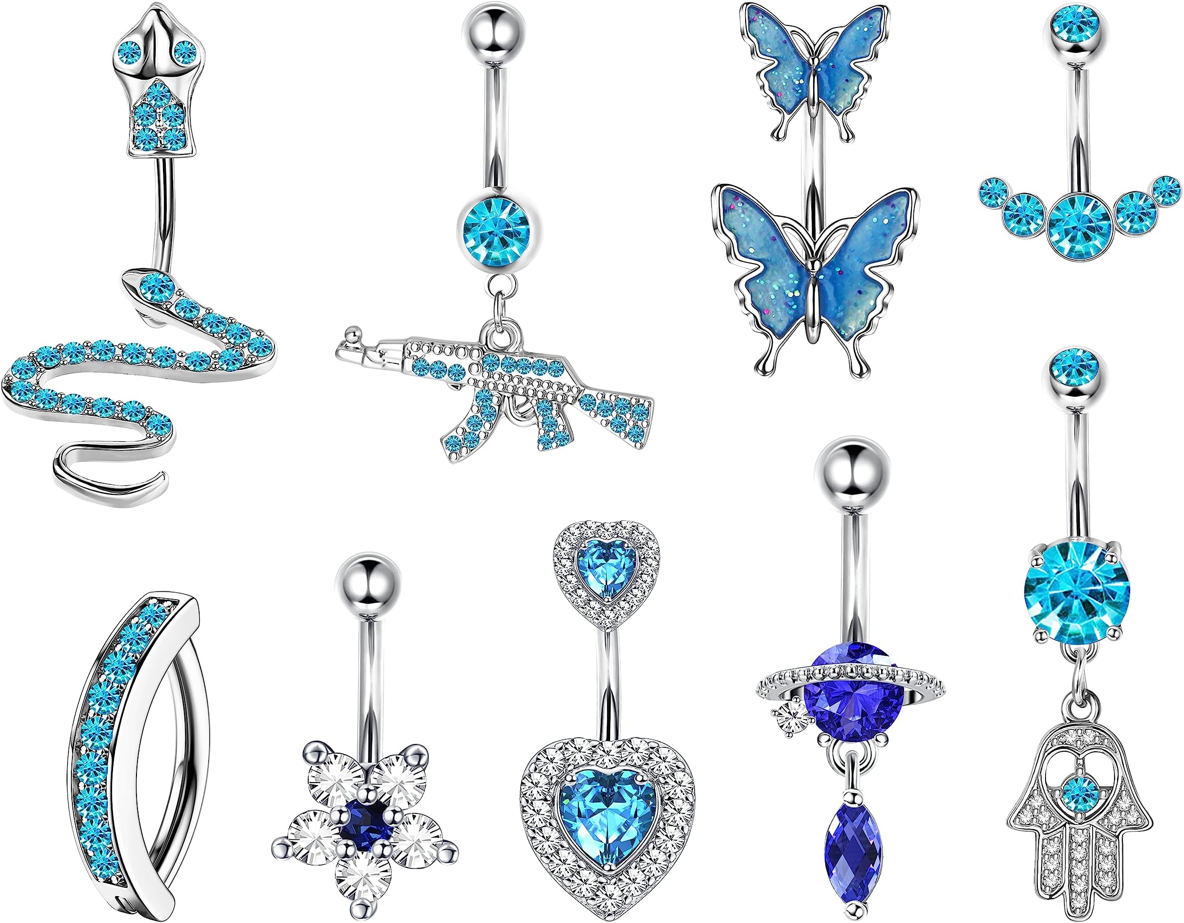 Drperfect9PCS Belly Button Rings 316L Surgical Stainless Steel Belly Piercing 14G Cute Pink CZ Dangle Belly Rings Curved Navel Rings Barbell Body Piercing Jewelry for Women