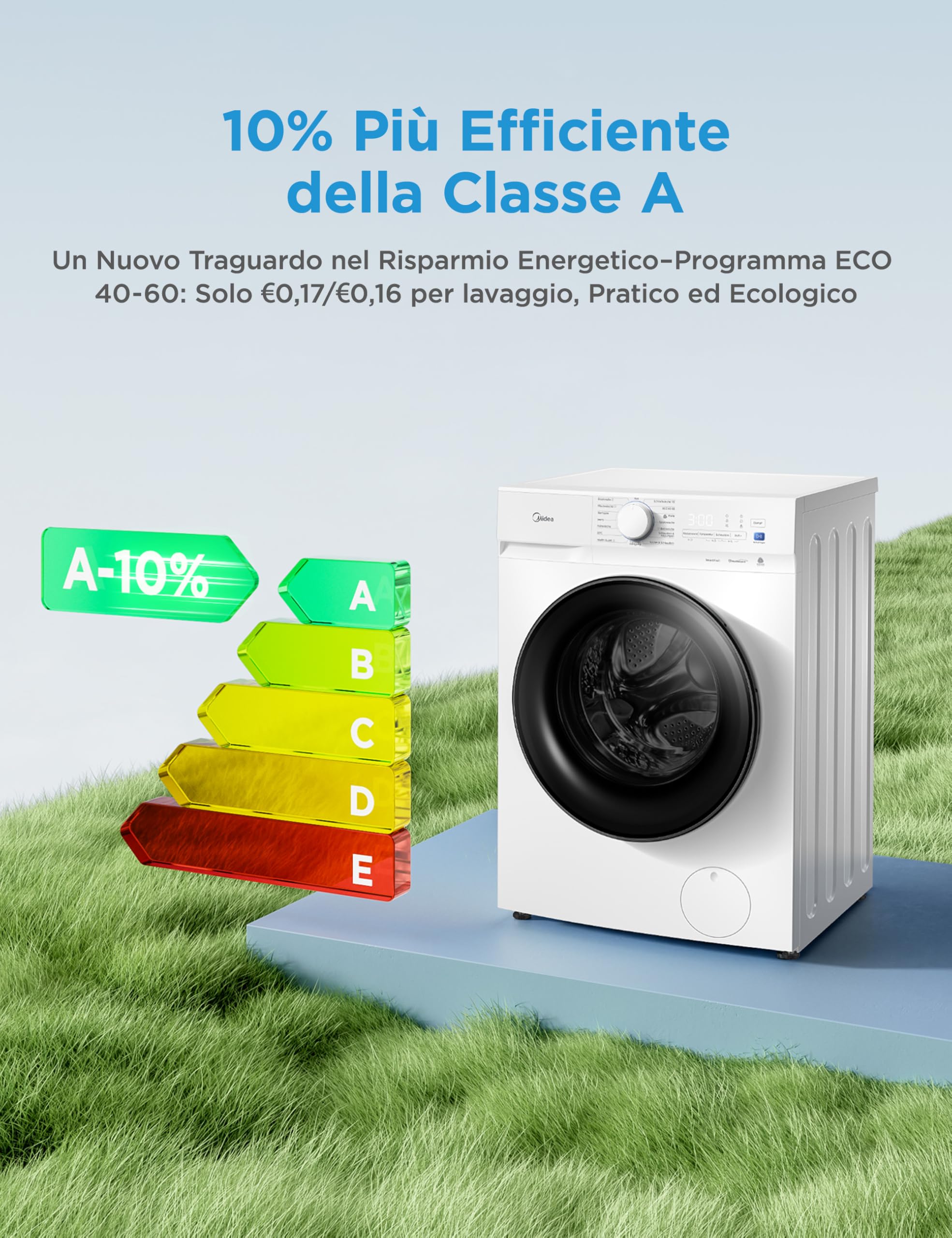 Midea Lavatrice Carica Frontale,10 kg,Classe A-10%, 1400 Giri,Silent Inverter Motor,Rimozione Peli di Animali,Vapore Igienizzante,Programma Sport,Bianco - MFV3EW100BA10
