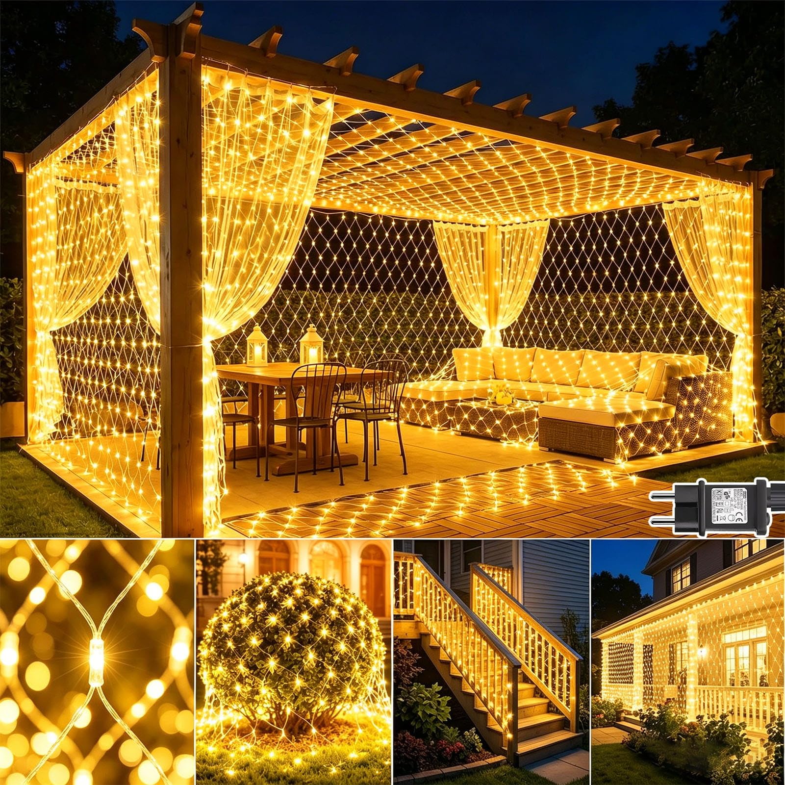 2 Stück Lichternetz Außen, 3x2m 200 LED Lichterkette Netz, Warmweiß | mit Timer, Stecker, 8 Modi Weihnachtsbeleuchtung Netz Wasserdicht Lichtervorhang für Garten Balkon Busch Zimmer Deko