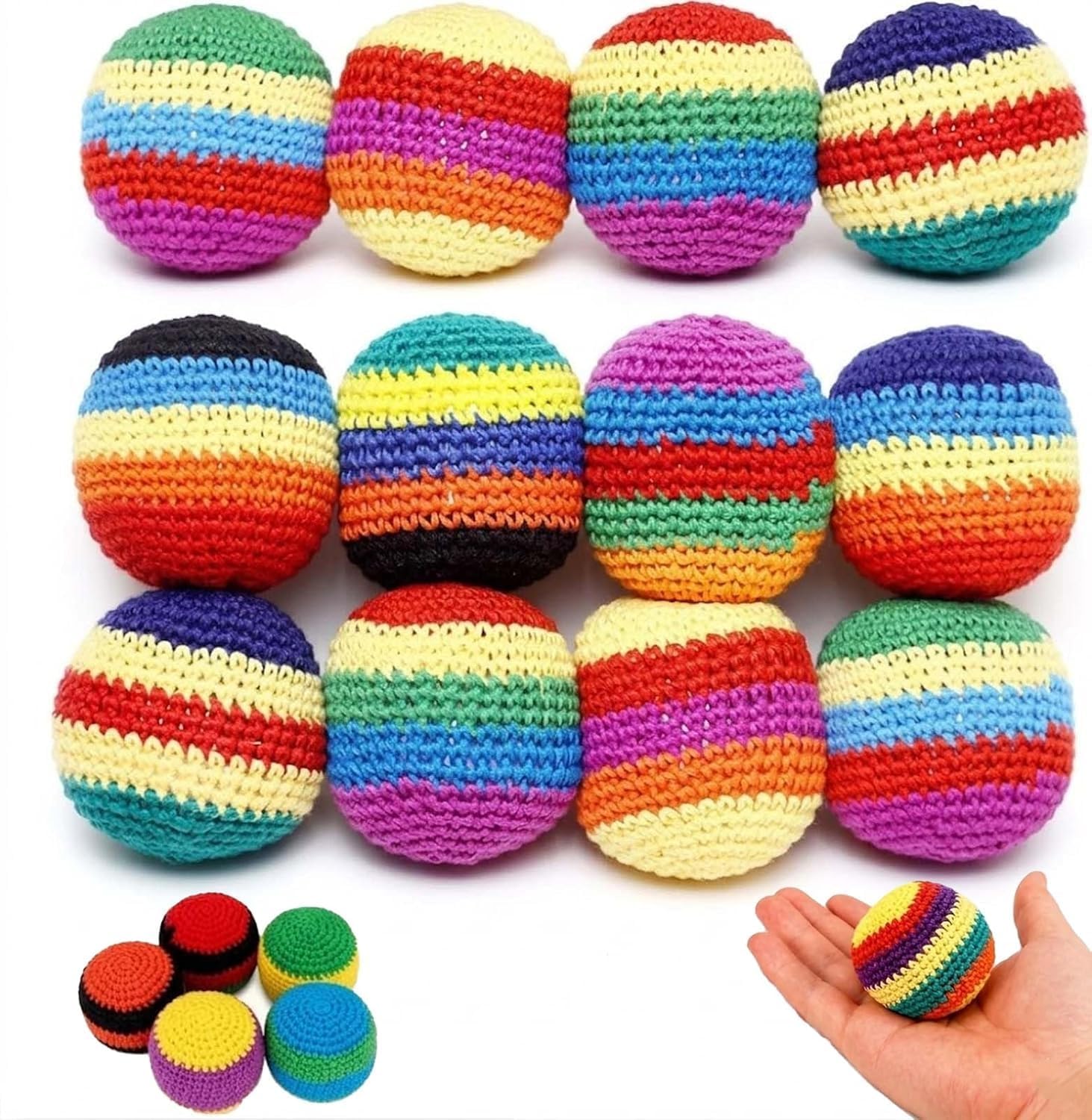 Set of 6 Hand-Made Knitted Footbag, 2026 Upgraded Assorted Foot Bag Crochet Foot Bags for Adults, Multicolored Geometric Pattern, Juggling Footbag for Outdoor Game & Party Fun (12PCS Random Color)