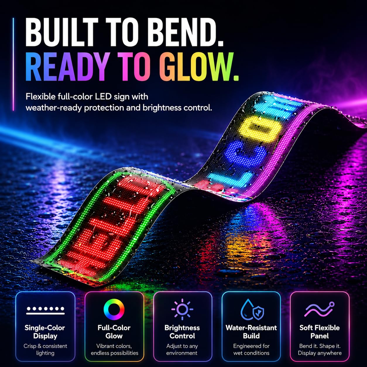Pannello LED RGB programmabile 90 × 20 cm con app e telecomando | Grande schermo LED flessibile per mostrare testi, messaggi e animazioni in vetrine, negozi, camion ed eventi.