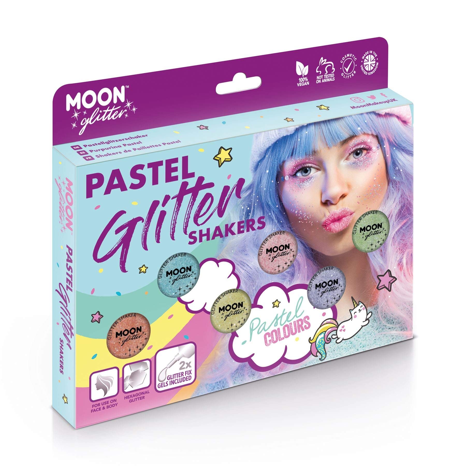 Barattolino glitter color pastello della Moon Glitter – 100% Cosmetico per viso, corpo, unghie, capelli e labbra - 3gr - Cofanetto