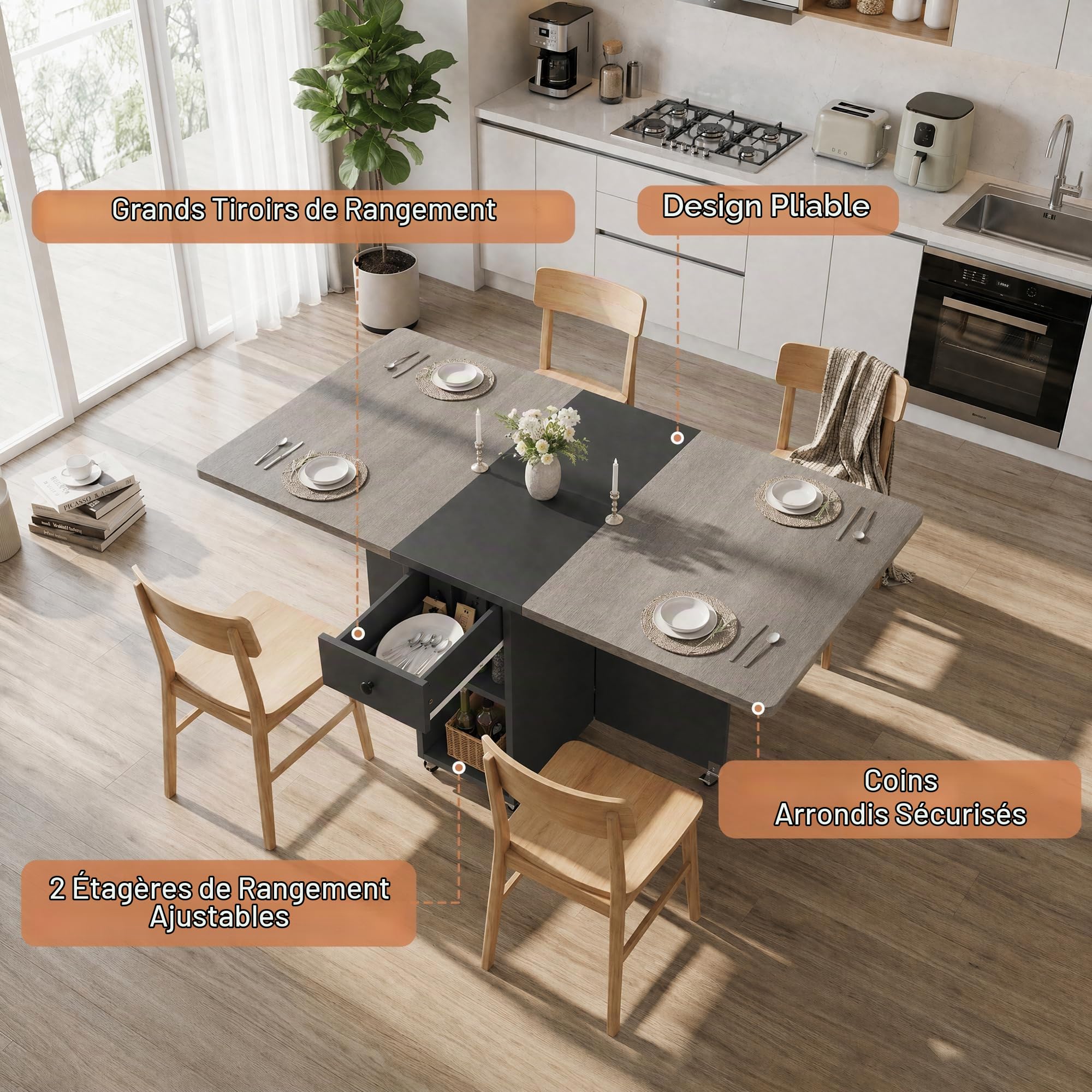 Jocoevol Table à Manger Pliable Gain de Place pour 4 Personnes, Table de Repas Pliante avec Tiroir et étagère de Rangement, Table de Cuisine et de Salle à Manger à Plateau Rabattable équipée (Gris)