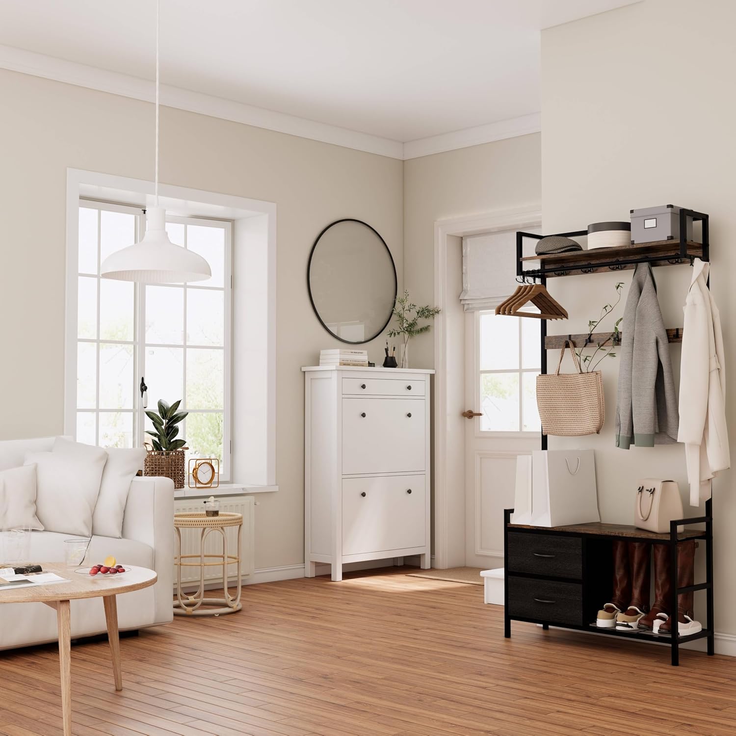 WasaFire 33.1" Wide Hall Tree with 2 Movable Drawers Shoe Storage Shelves and Garment Racks 5-in-1 Entryway Bench with 23 Hooks (Fixed and Movable) (Rustic Brown)