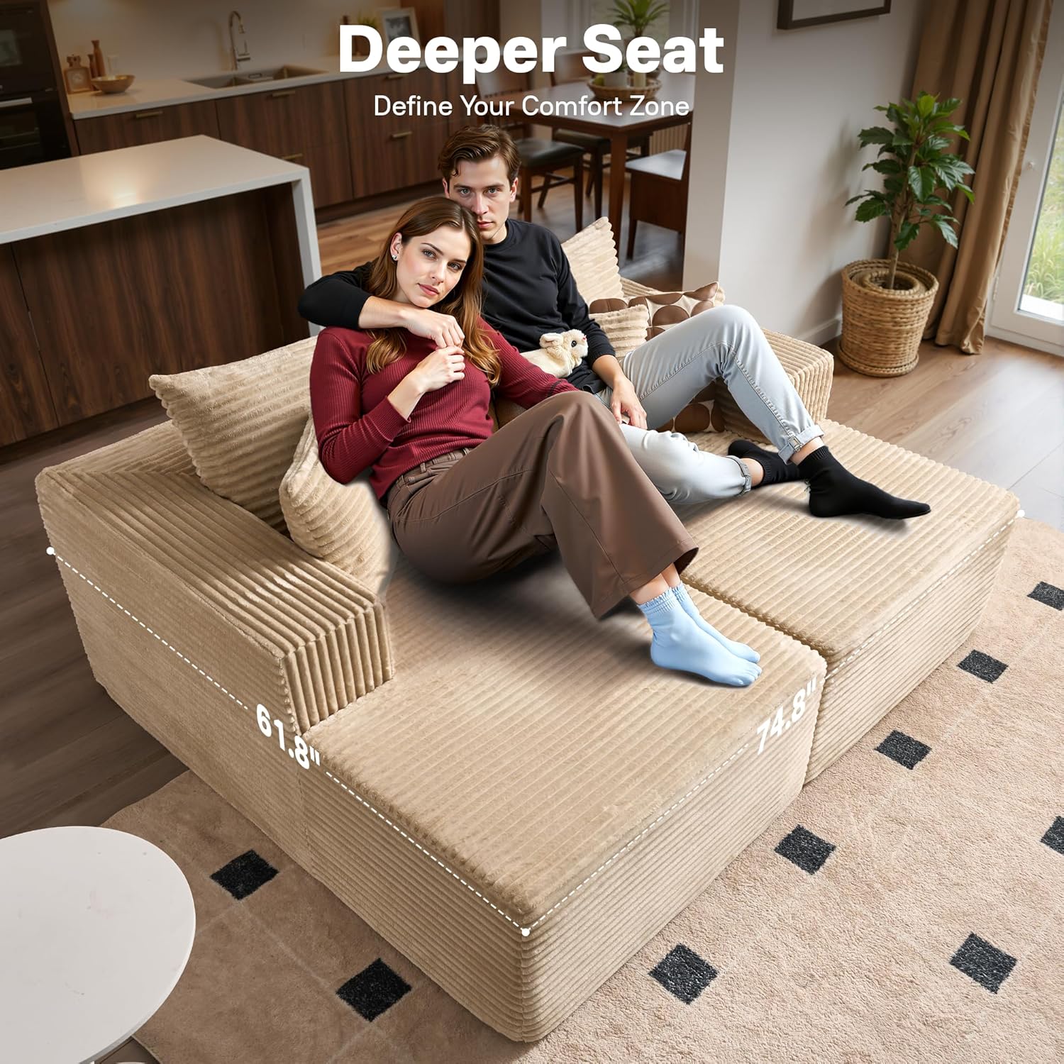 75" Boneless Chaise Lounge Chair Indoor, Moudular Sectional Double Couch with Deep Seat, No Assembly Required, Modern Comfy Sleep Sofa Bed for Movie Reading Yoga for Living Room, Beige