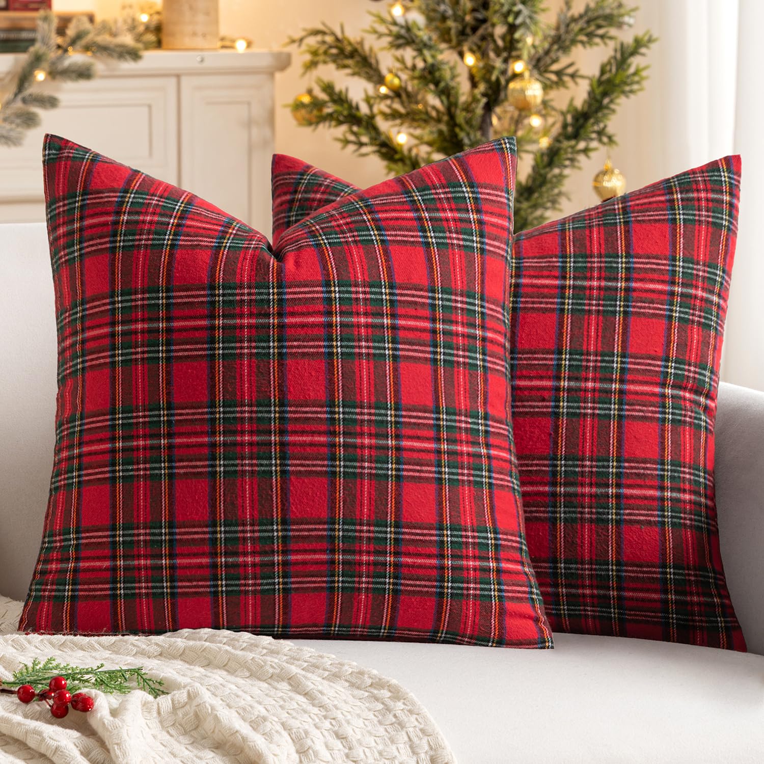 MIULEE Christmas Set of 2 Scottish Tartan Plaid Throw Pillow Covers Farmhouse Classic Decorative Outdoor Square Cushion Cases for Home Decor Sofa