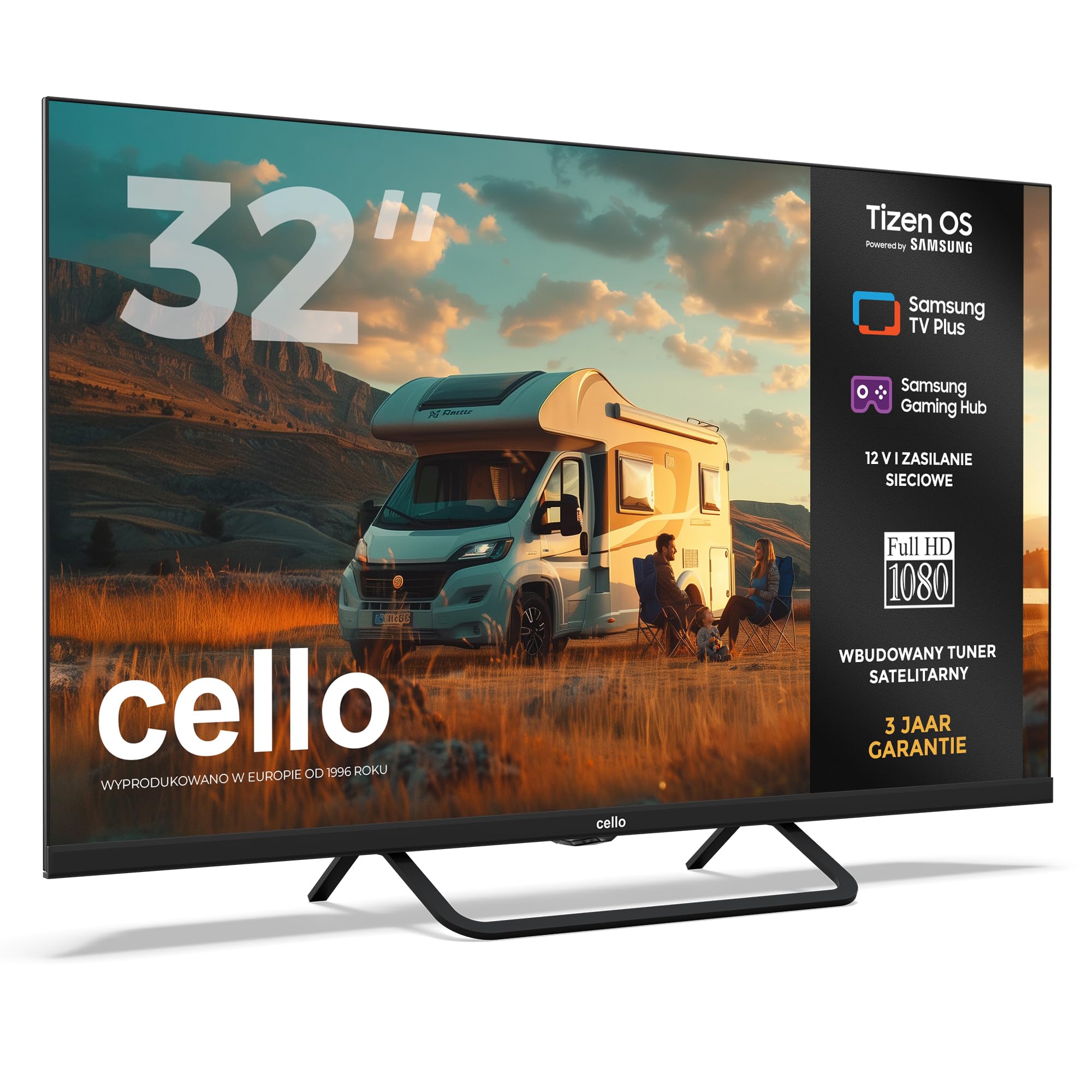 Cello CTRAV-32TZ Smart TV LED 32" bezramkowy 12V z systemem Tizen OS, gry w chmurze, głośniki Pitch Perfect, HDMI, Bluetooth, potrójny tuner