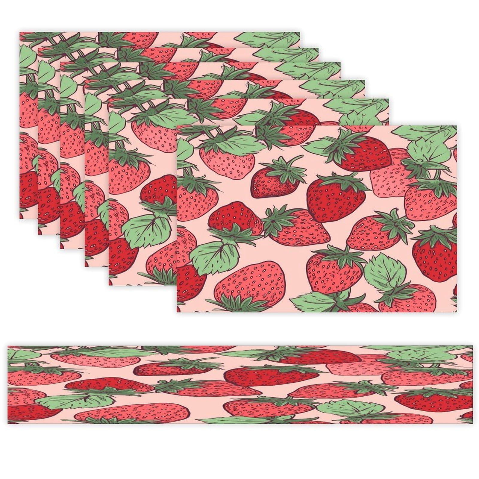 Strawberry Pattern Table Runner and Placemats of 6 Washable Heat Resistant Place Mats with Table Runner Vintage Holiday Table Mat Set for Holiday Party Kitchen Dining Deco