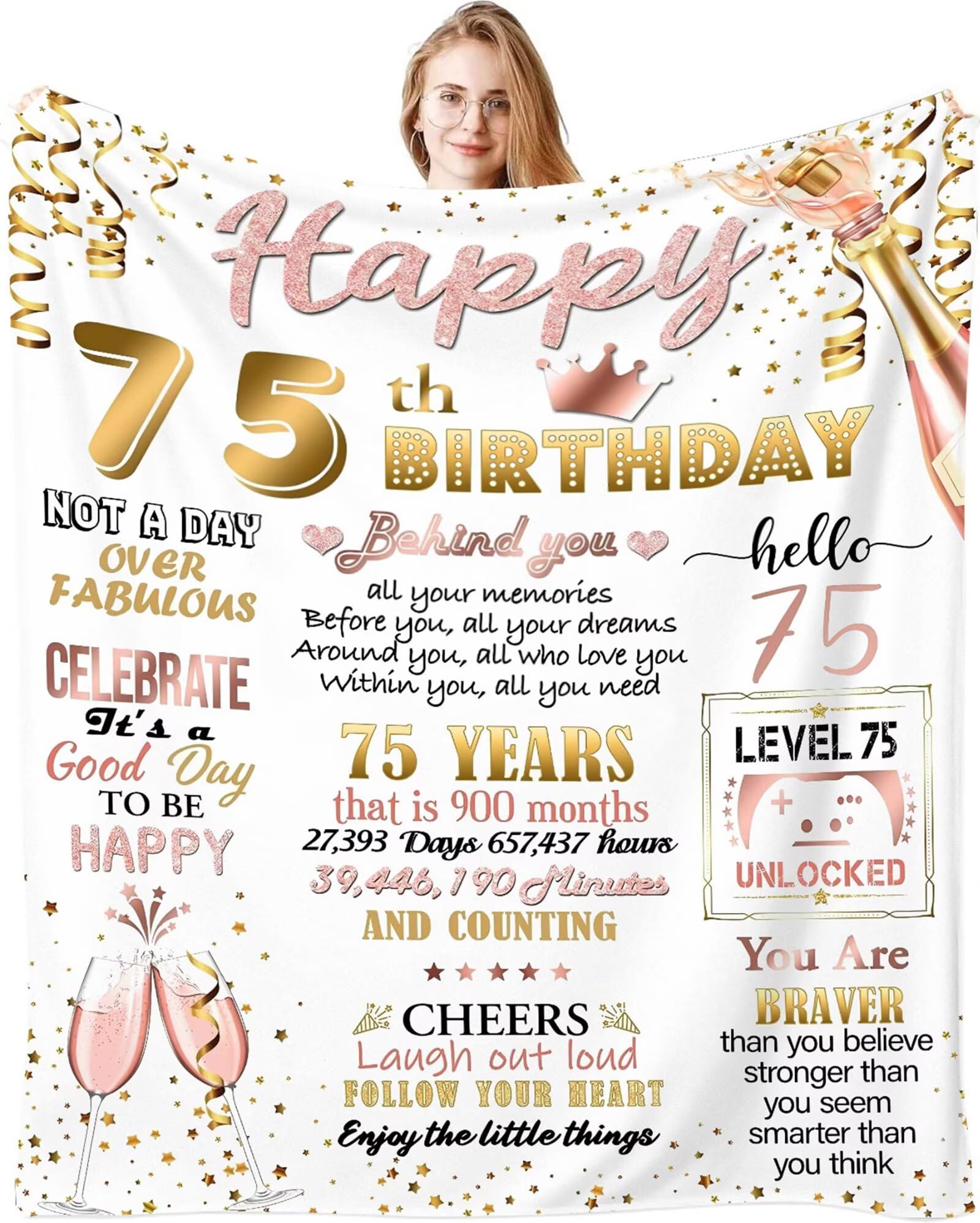 Fecifte 75th Birthday Gifts Blanket for Women, 75 Year Old Birthday Decorations Presents, Personalised Flanell 75th Birthday Blanket Gifts for Women Wife Sister 50"x60"
